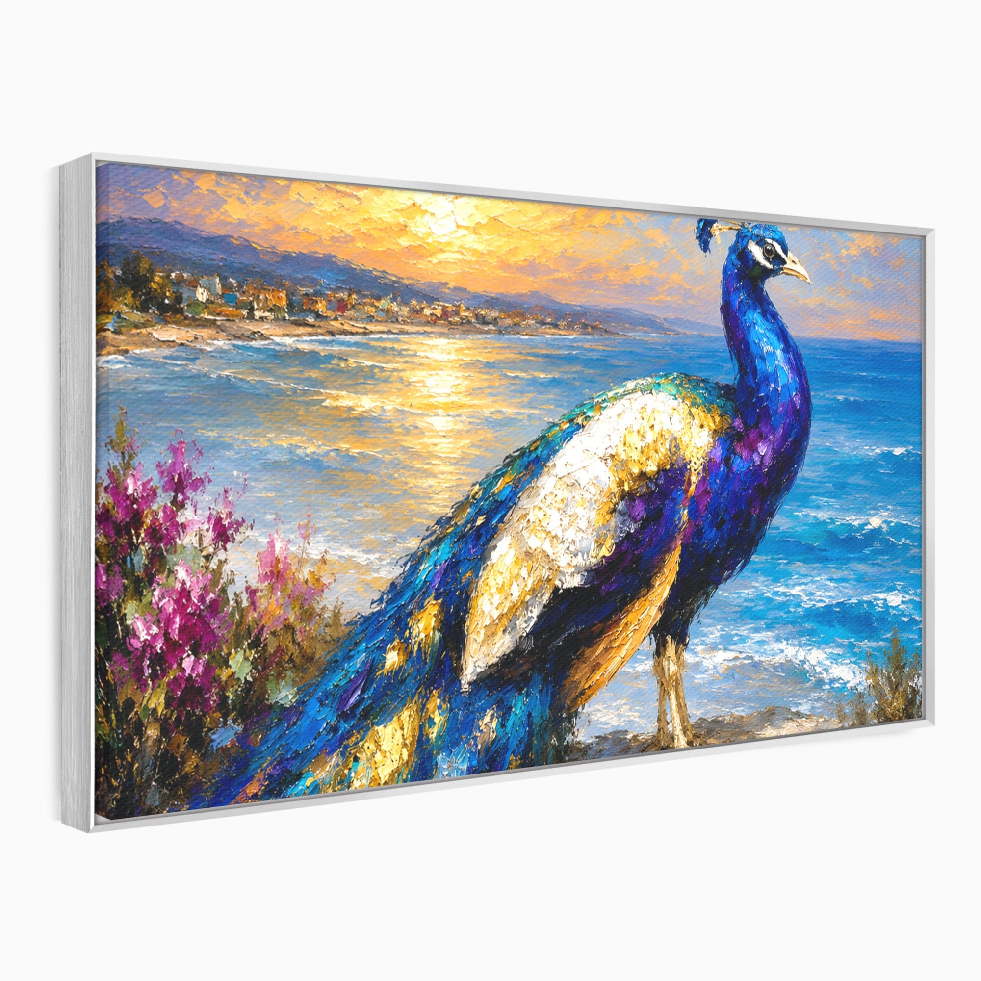 Tablou Canvas Premium LuxCanva® M1600, Paun La Apus, Paun, Apus, Mare, Natura, Living, Culori Vibrante