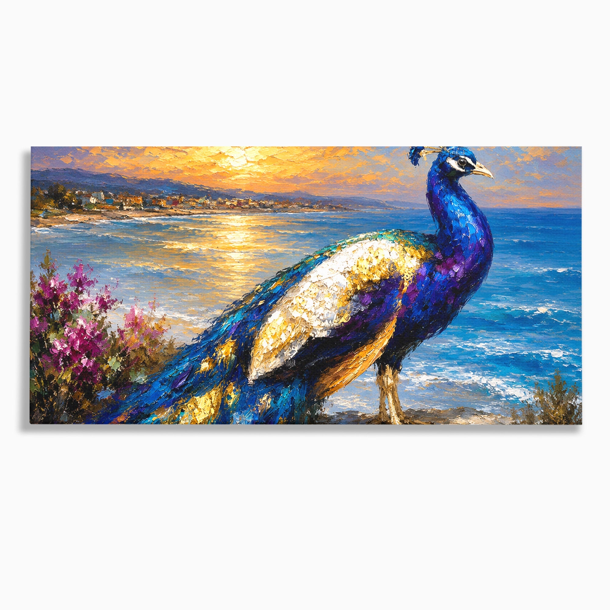 Tablou Canvas Premium LuxCanva® M1600, Paun La Apus, Paun, Apus, Mare, Natura, Living, Culori Vibrante