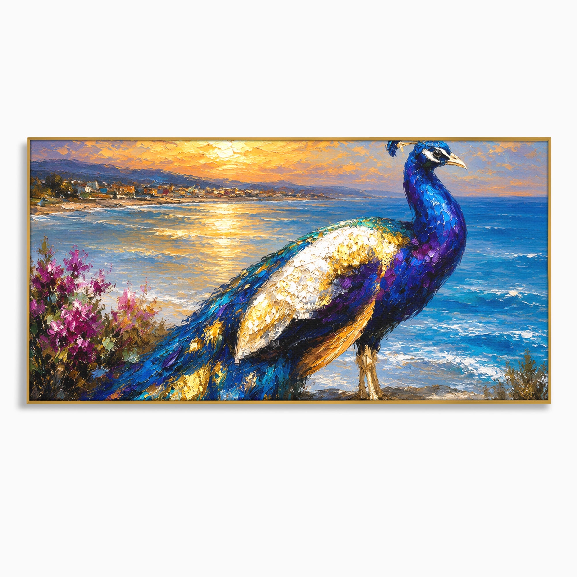 Tablou Canvas Premium LuxCanva® M1600, Paun La Apus, Paun, Apus, Mare, Natura, Living, Culori Vibrante