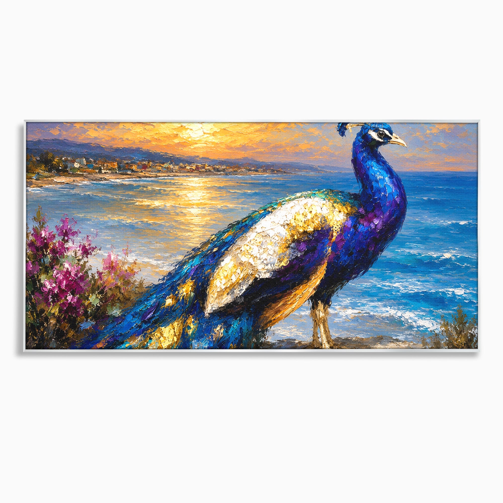 Tablou Canvas Premium LuxCanva® M1600, Paun La Apus, Paun, Apus, Mare, Natura, Living, Culori Vibrante