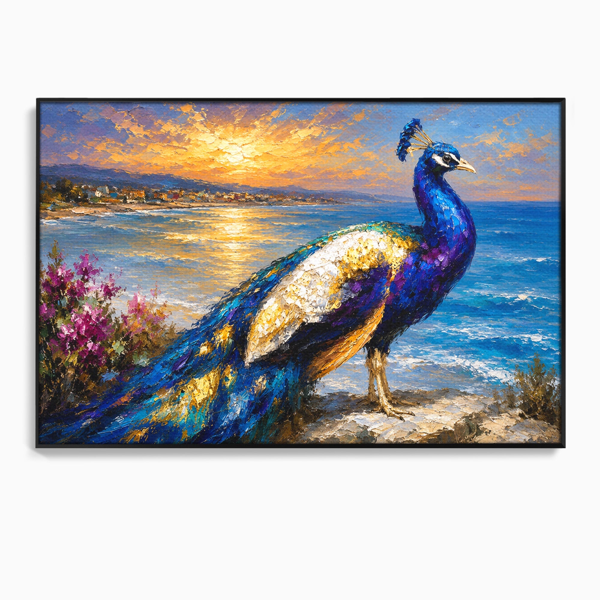 Tablou Canvas Premium LuxCanva® M1600, Paun La Apus, Paun, Apus, Mare, Natura, Living, Culori Vibrante