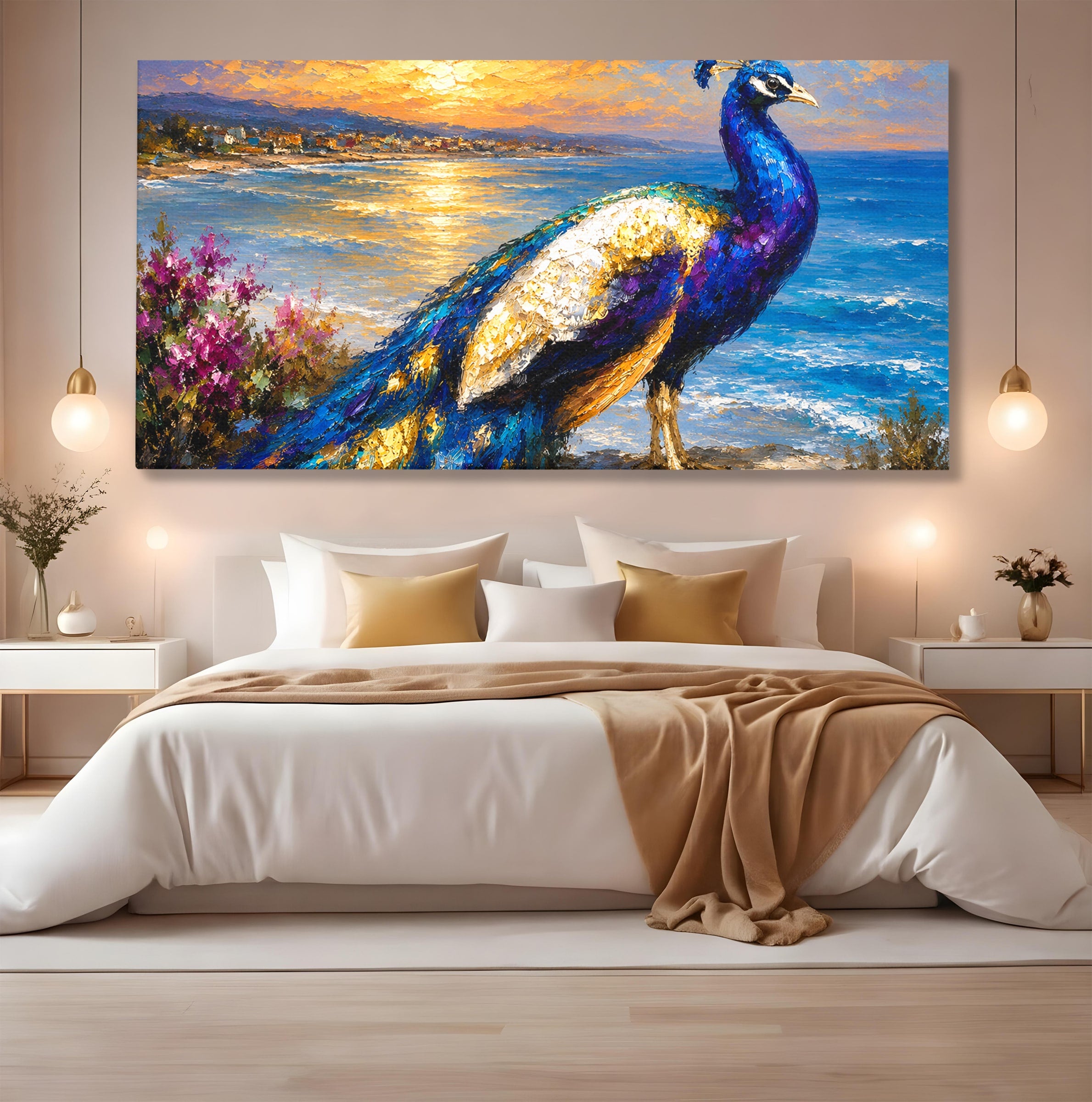Tablou Canvas Premium LuxCanva® M1600, Paun La Apus, Paun, Apus, Mare, Natura, Living, Culori Vibrante