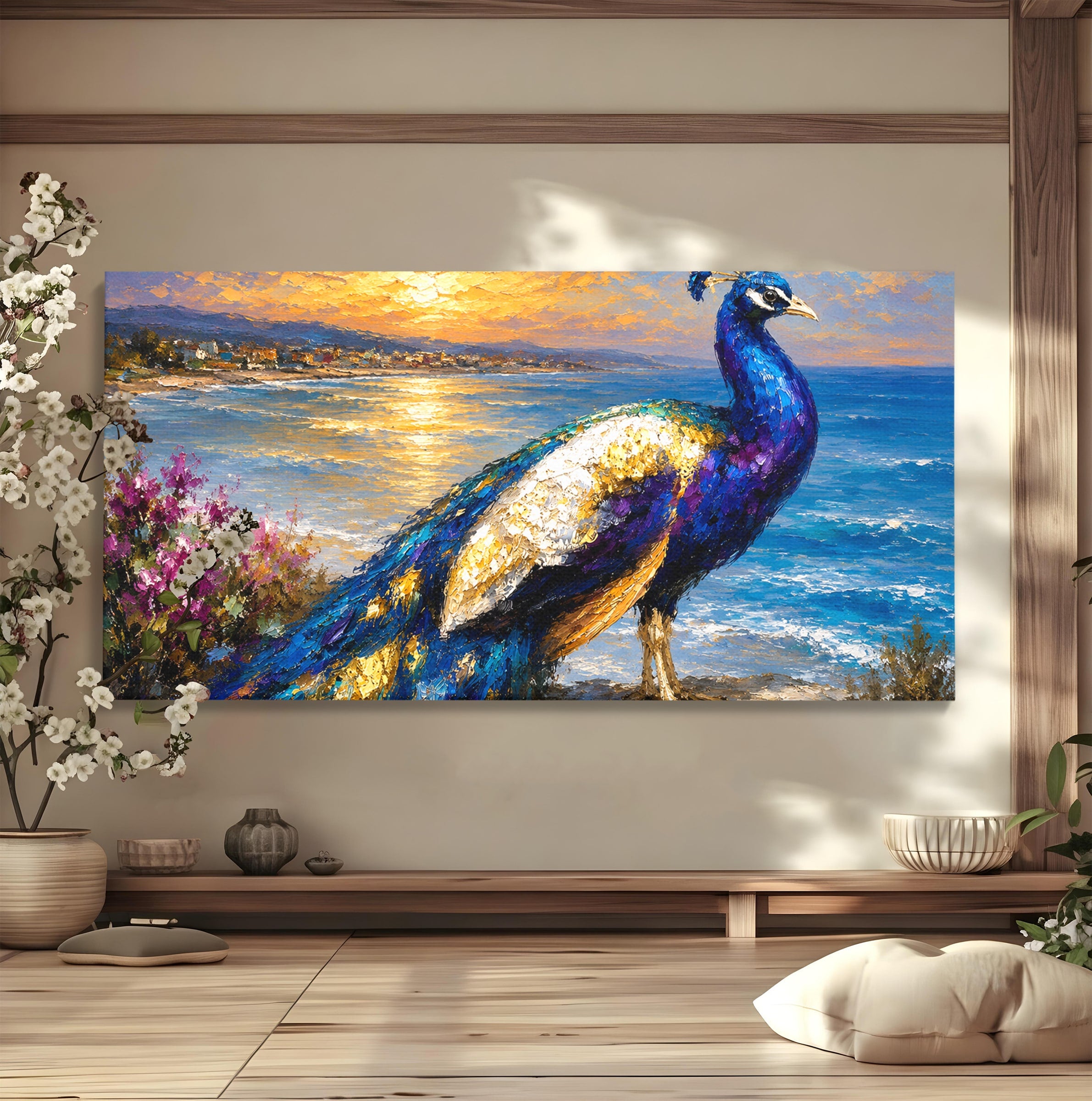 Tablou Canvas Premium LuxCanva® M1600, Paun La Apus, Paun, Apus, Mare, Natura, Living, Culori Vibrante