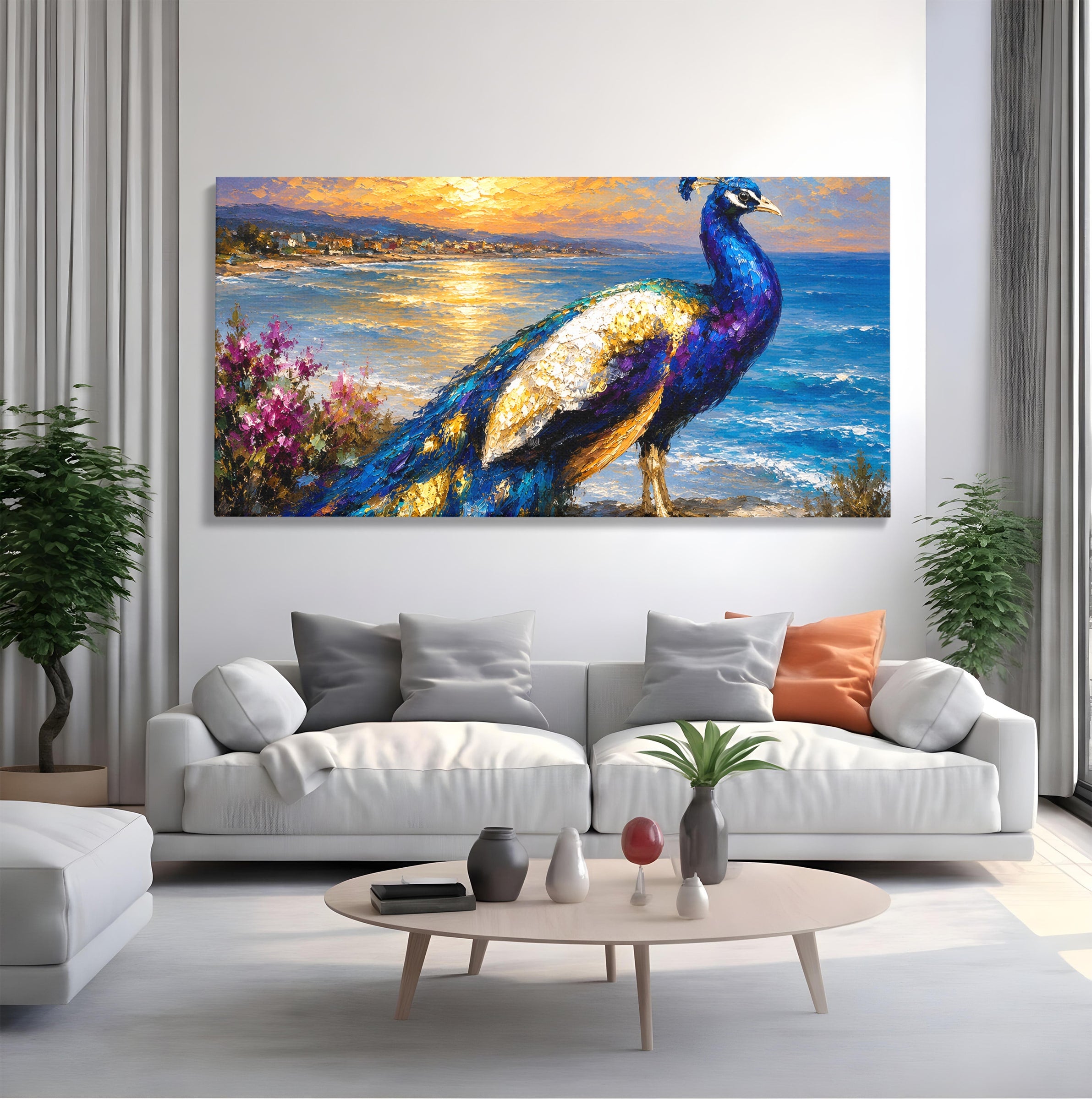 Tablou Canvas Premium LuxCanva® M1600, Paun La Apus, Paun, Apus, Mare, Natura, Living, Culori Vibrante