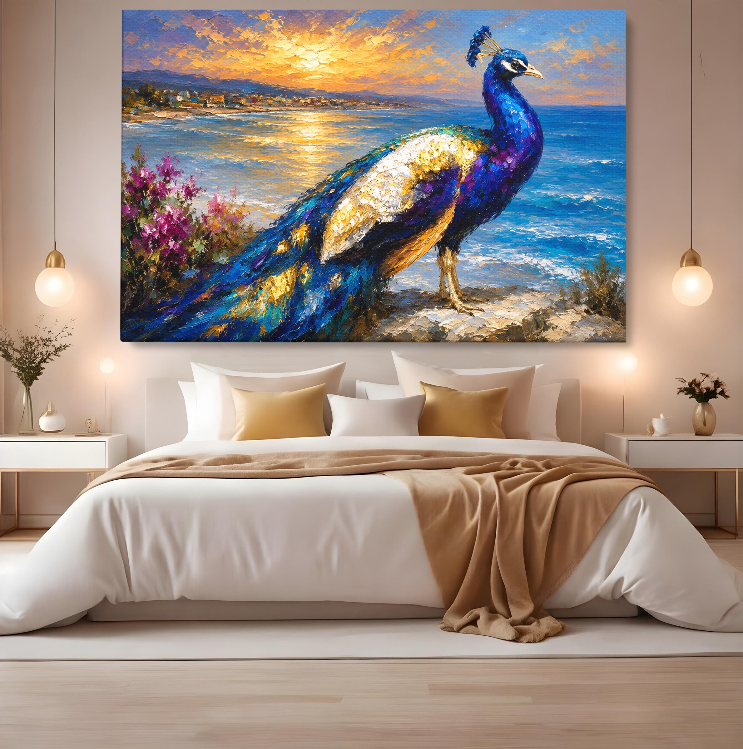 Tablou Canvas Premium LuxCanva® M1600, Paun La Apus, Paun, Apus, Mare, Natura, Living, Culori Vibrante