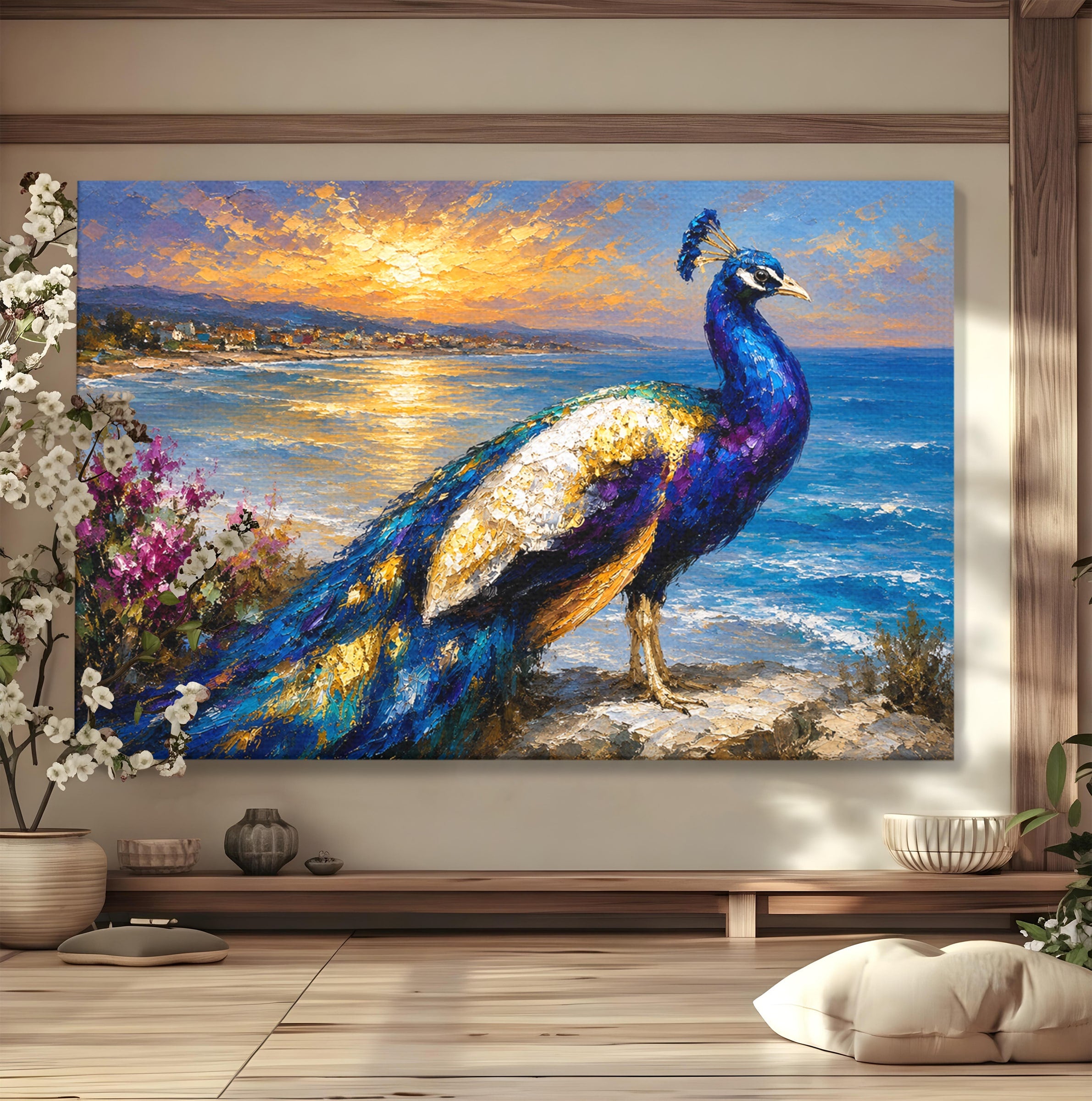 Tablou Canvas Premium LuxCanva® M1600, Paun La Apus, Paun, Apus, Mare, Natura, Living, Culori Vibrante