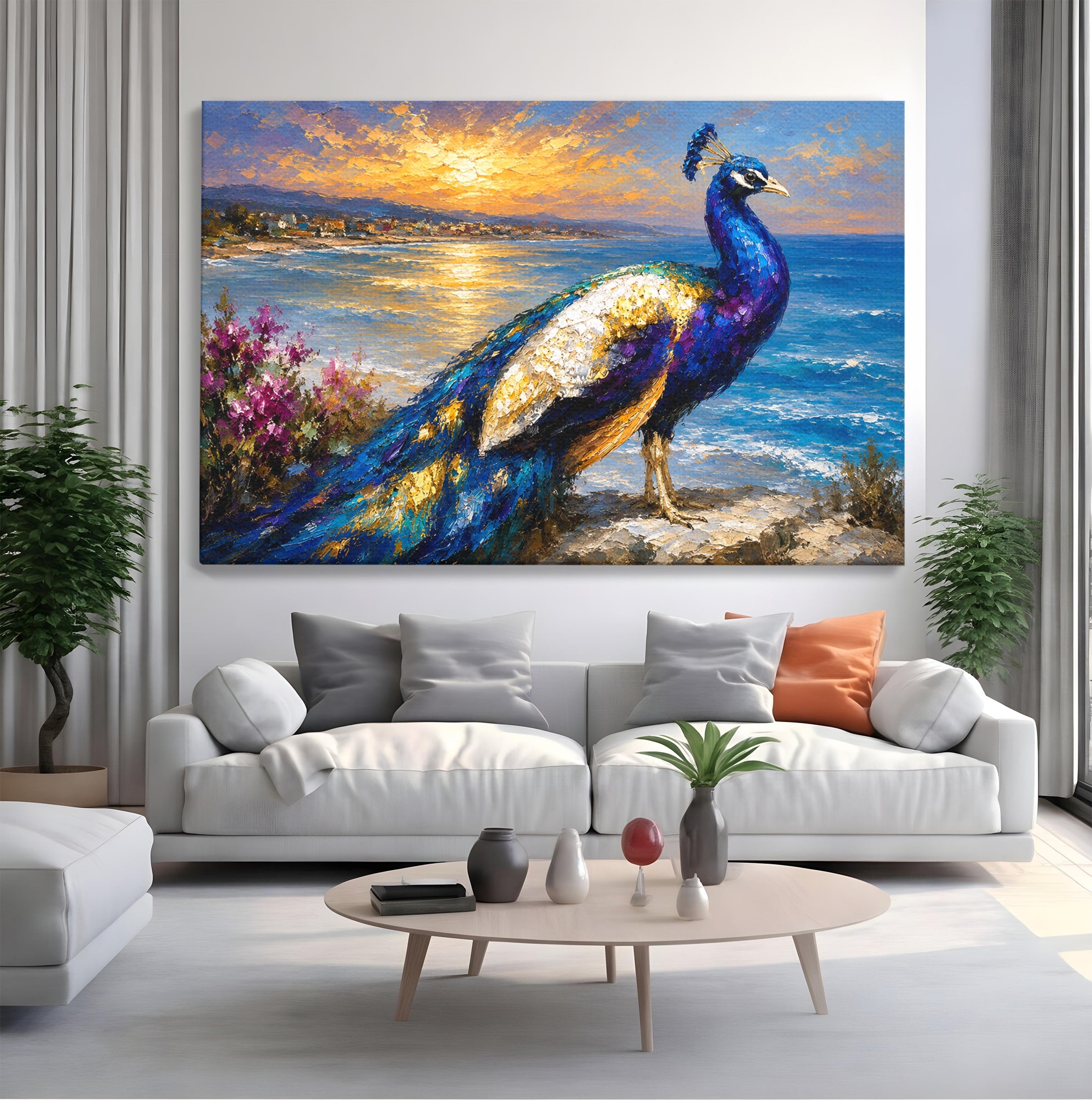 Tablou Canvas Premium LuxCanva® M1600, Paun La Apus, Paun, Apus, Mare, Natura, Living, Culori Vibrante