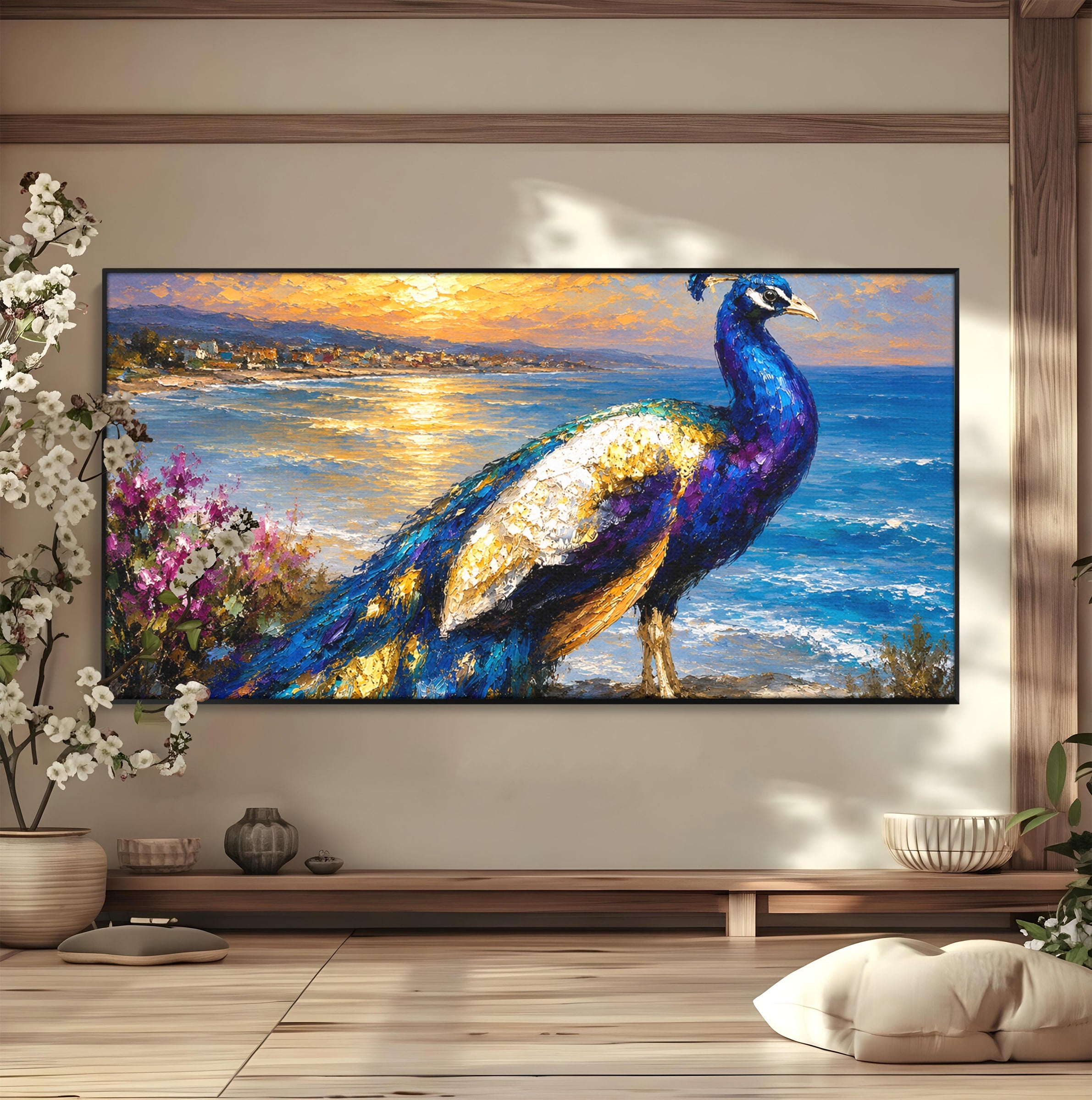 Tablou Canvas Premium LuxCanva® M1600, Paun La Apus, Paun, Apus, Mare, Natura, Living, Culori Vibrante