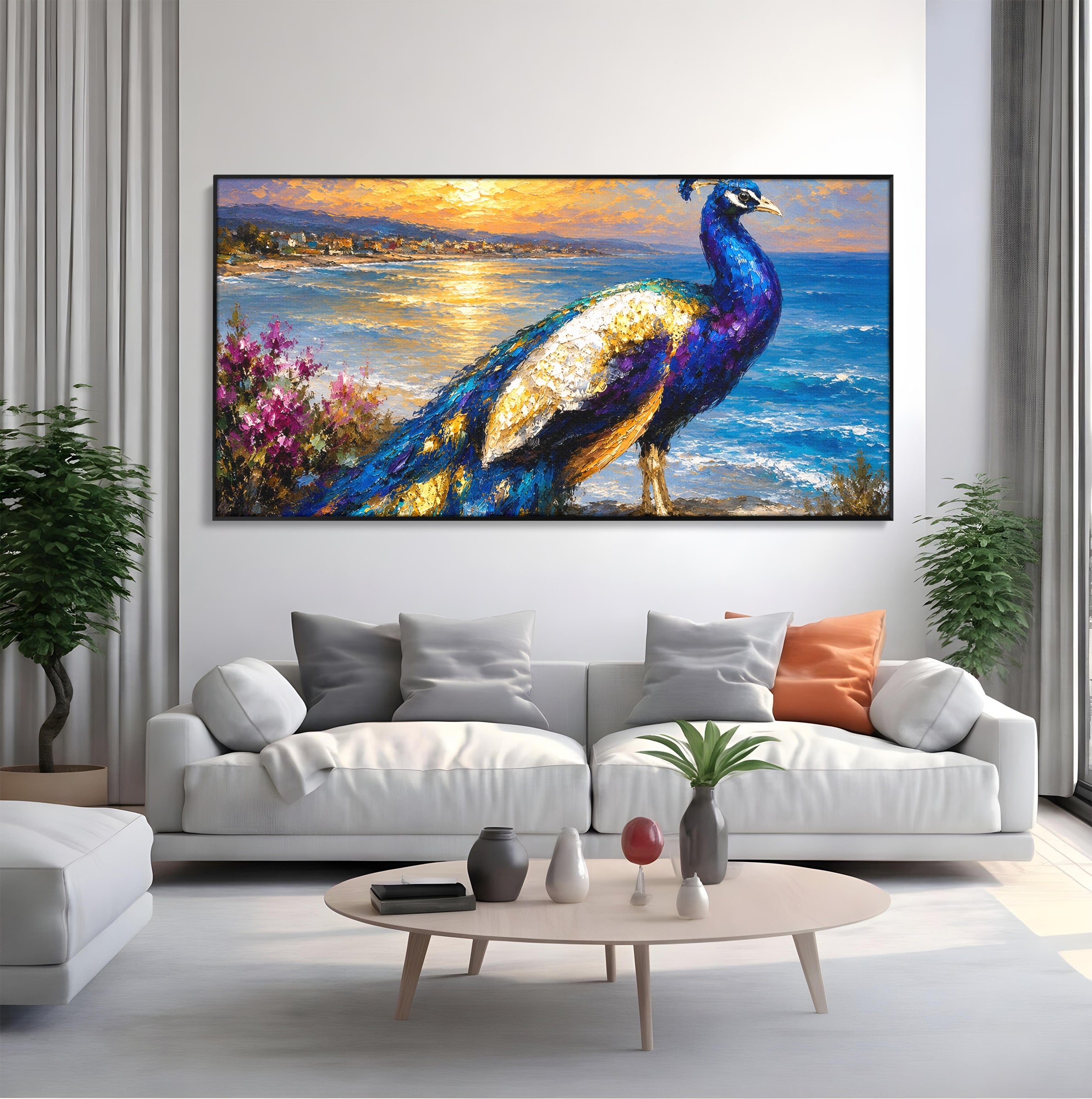 Tablou Canvas Premium LuxCanva® M1600, Paun La Apus, Paun, Apus, Mare, Natura, Living, Culori Vibrante