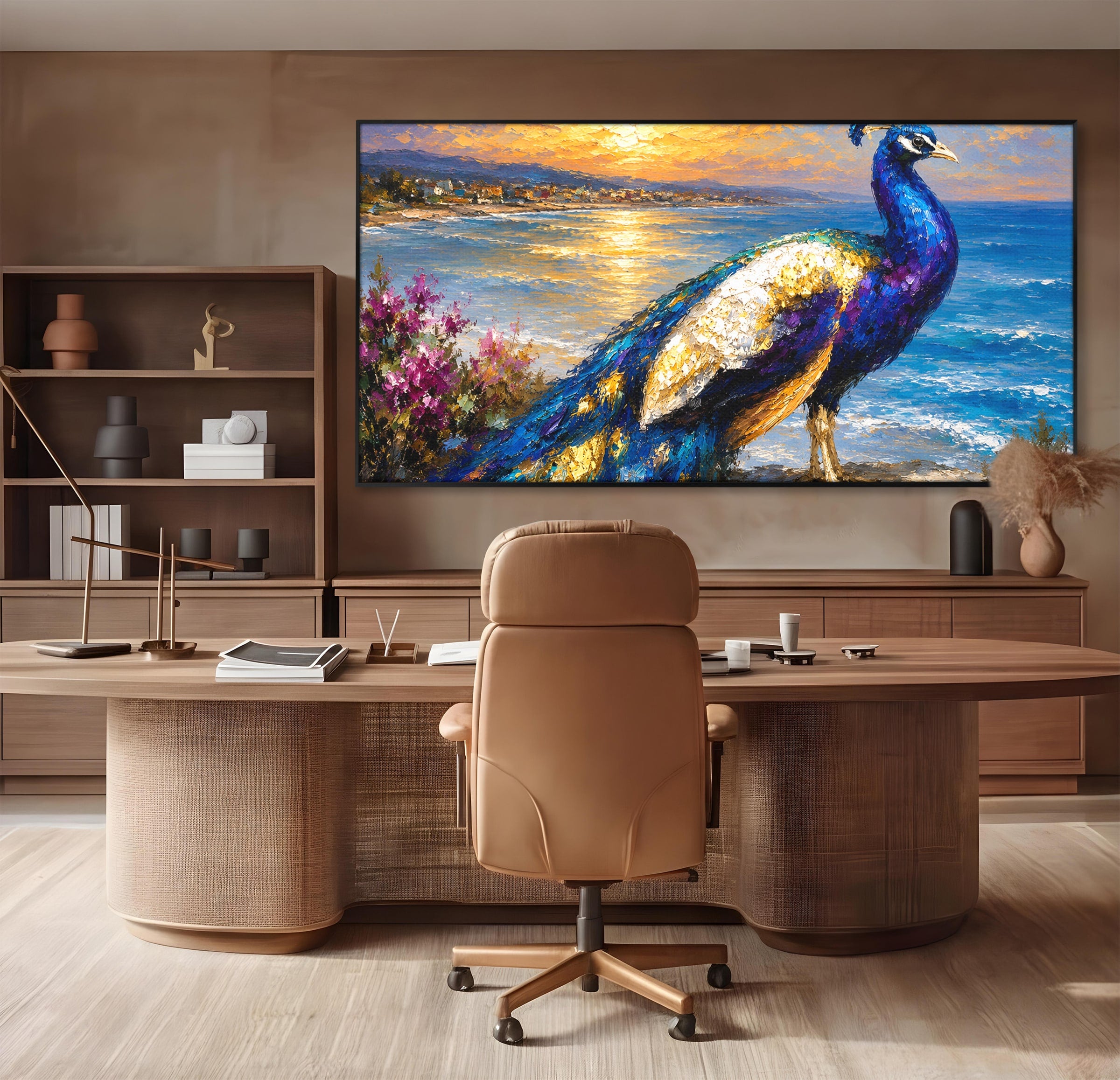 Tablou Canvas Premium LuxCanva® M1600, Paun La Apus, Paun, Apus, Mare, Natura, Living, Culori Vibrante