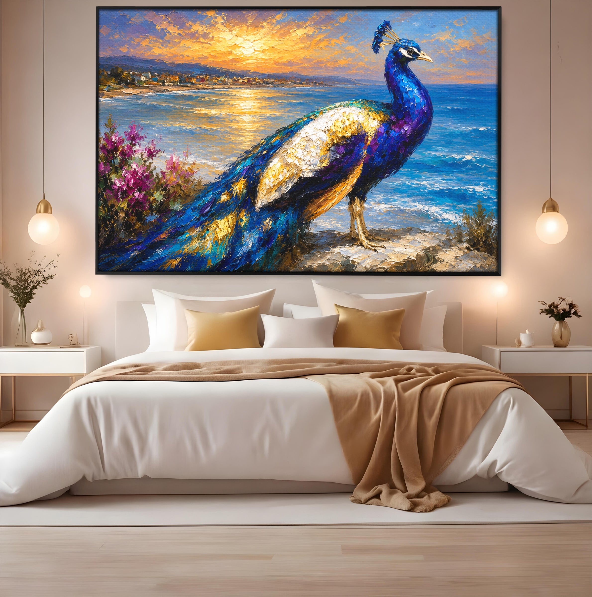 Tablou Canvas Premium LuxCanva® M1600, Paun La Apus, Paun, Apus, Mare, Natura, Living, Culori Vibrante