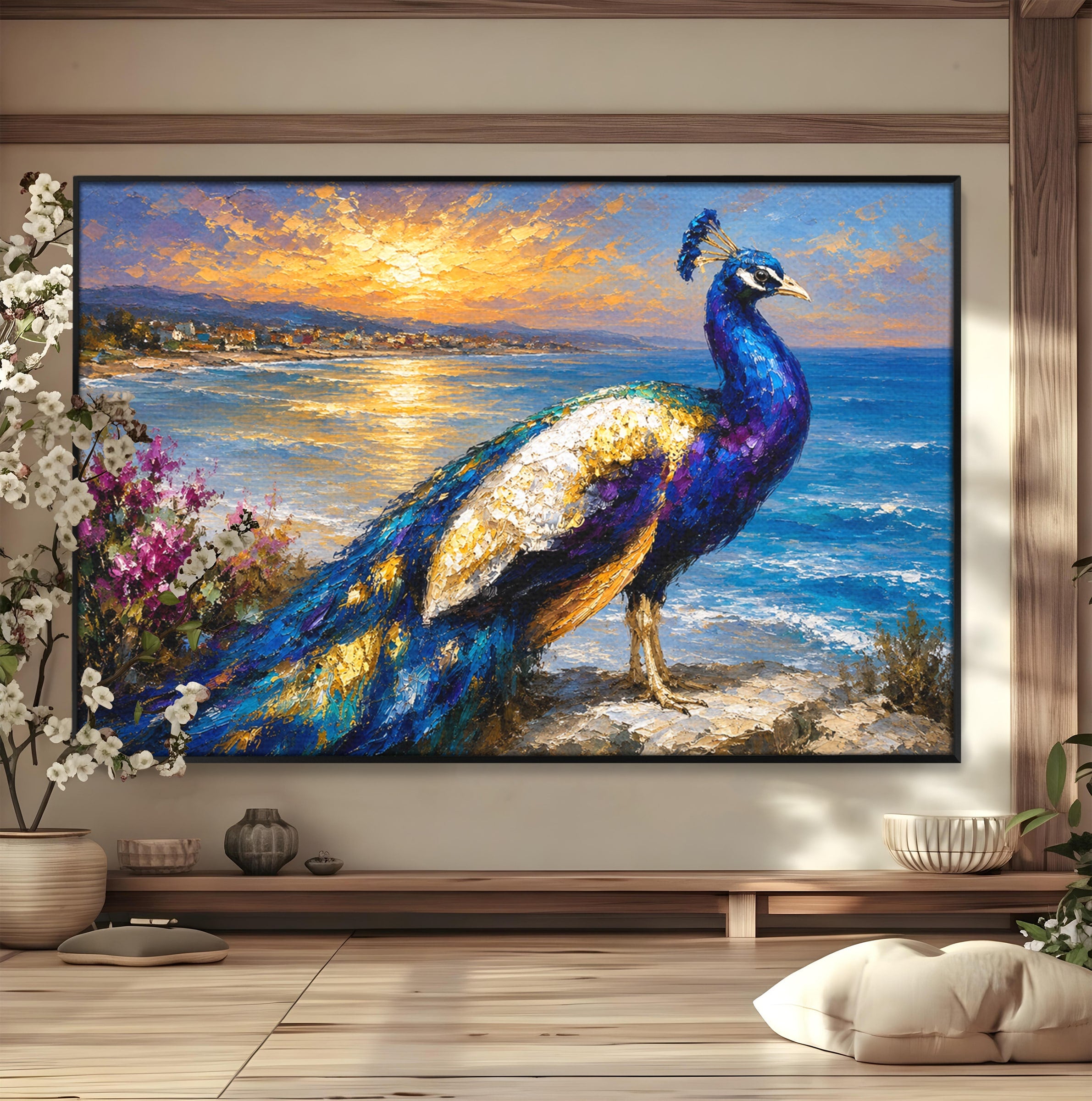Tablou Canvas Premium LuxCanva® M1600, Paun La Apus, Paun, Apus, Mare, Natura, Living, Culori Vibrante