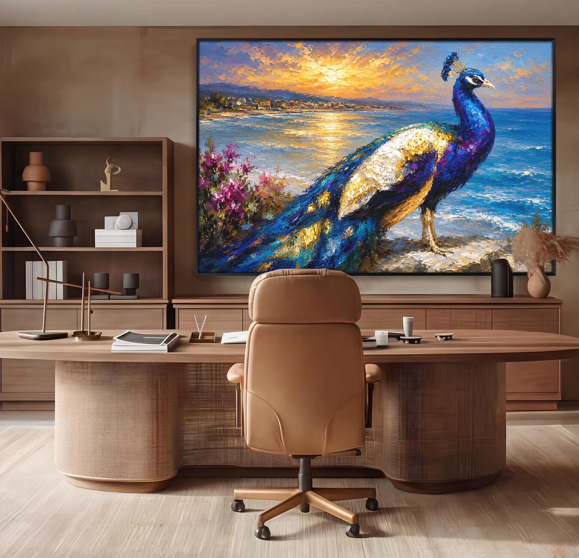 Tablou Canvas Premium LuxCanva® M1600, Paun La Apus, Paun, Apus, Mare, Natura, Living, Culori Vibrante