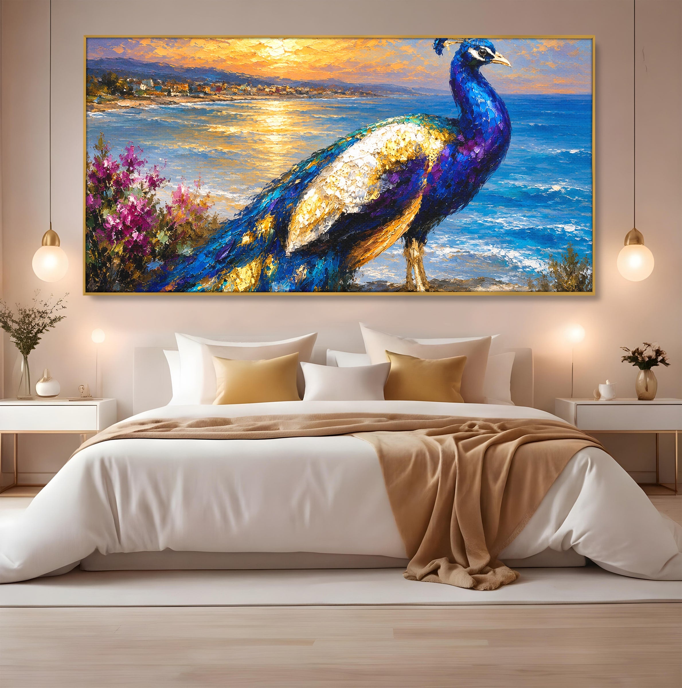 Tablou Canvas Premium LuxCanva® M1600, Paun La Apus, Paun, Apus, Mare, Natura, Living, Culori Vibrante