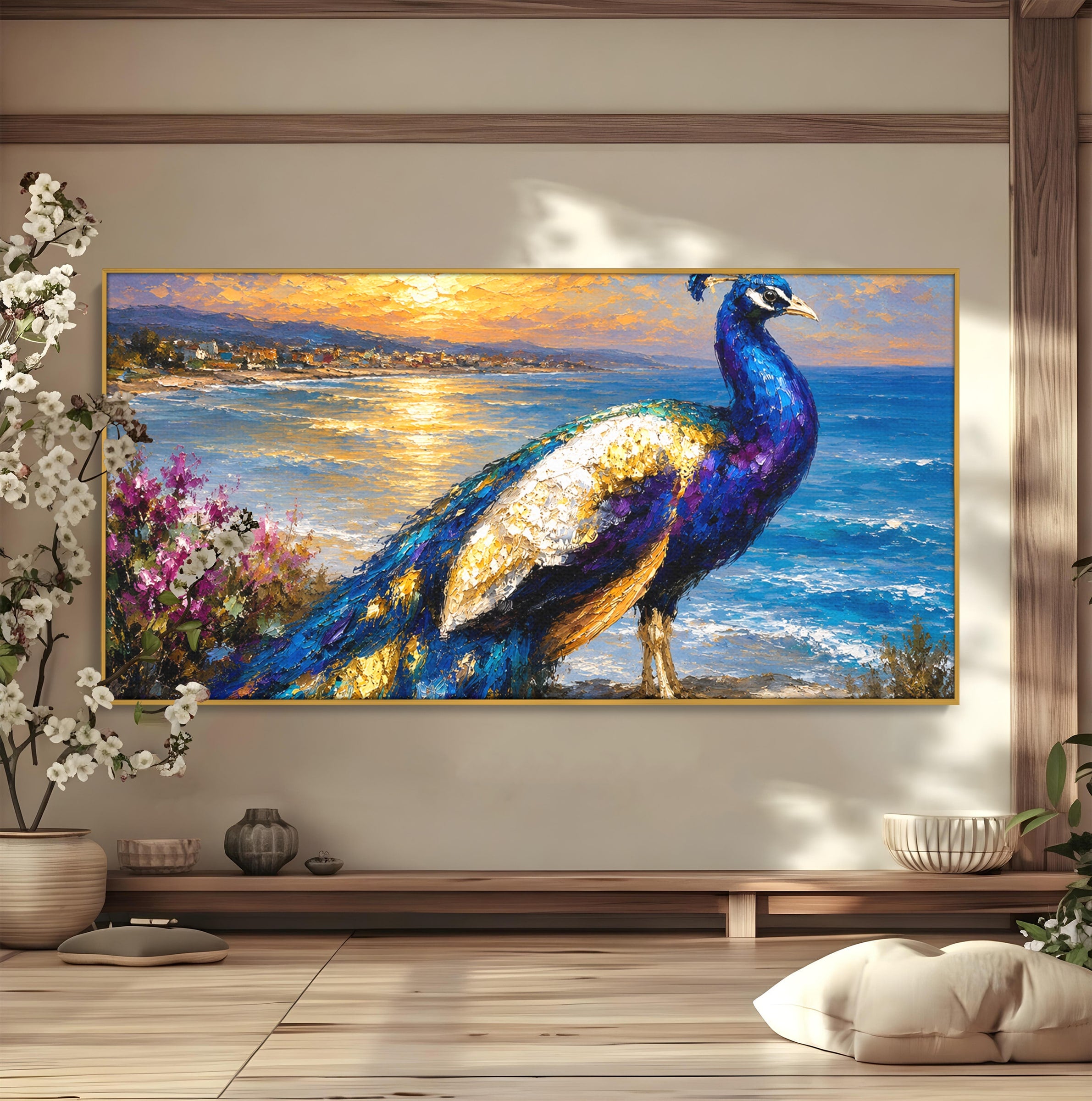 Tablou Canvas Premium LuxCanva® M1600, Paun La Apus, Paun, Apus, Mare, Natura, Living, Culori Vibrante