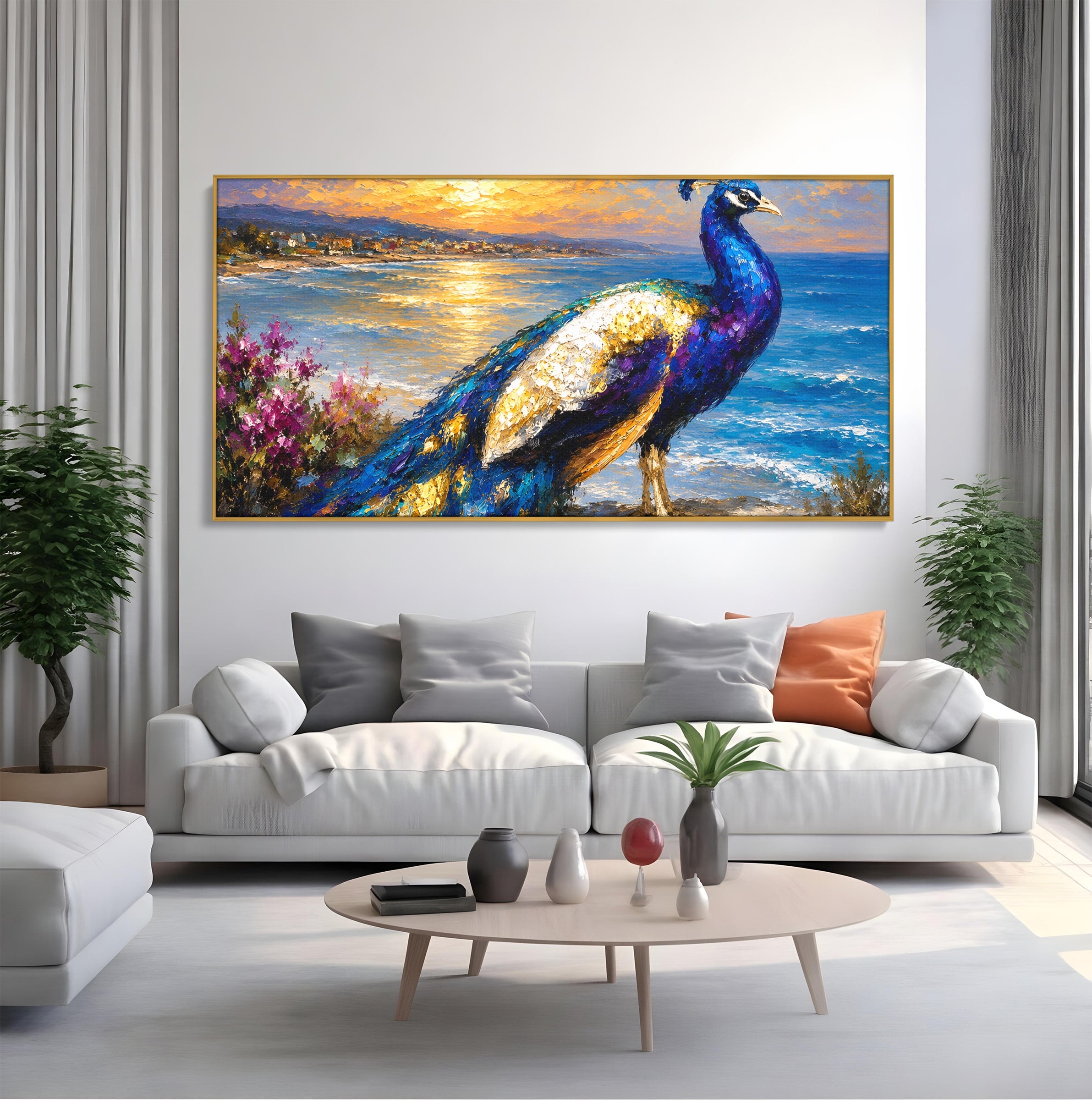 Tablou Canvas Premium LuxCanva® M1600, Paun La Apus, Paun, Apus, Mare, Natura, Living, Culori Vibrante