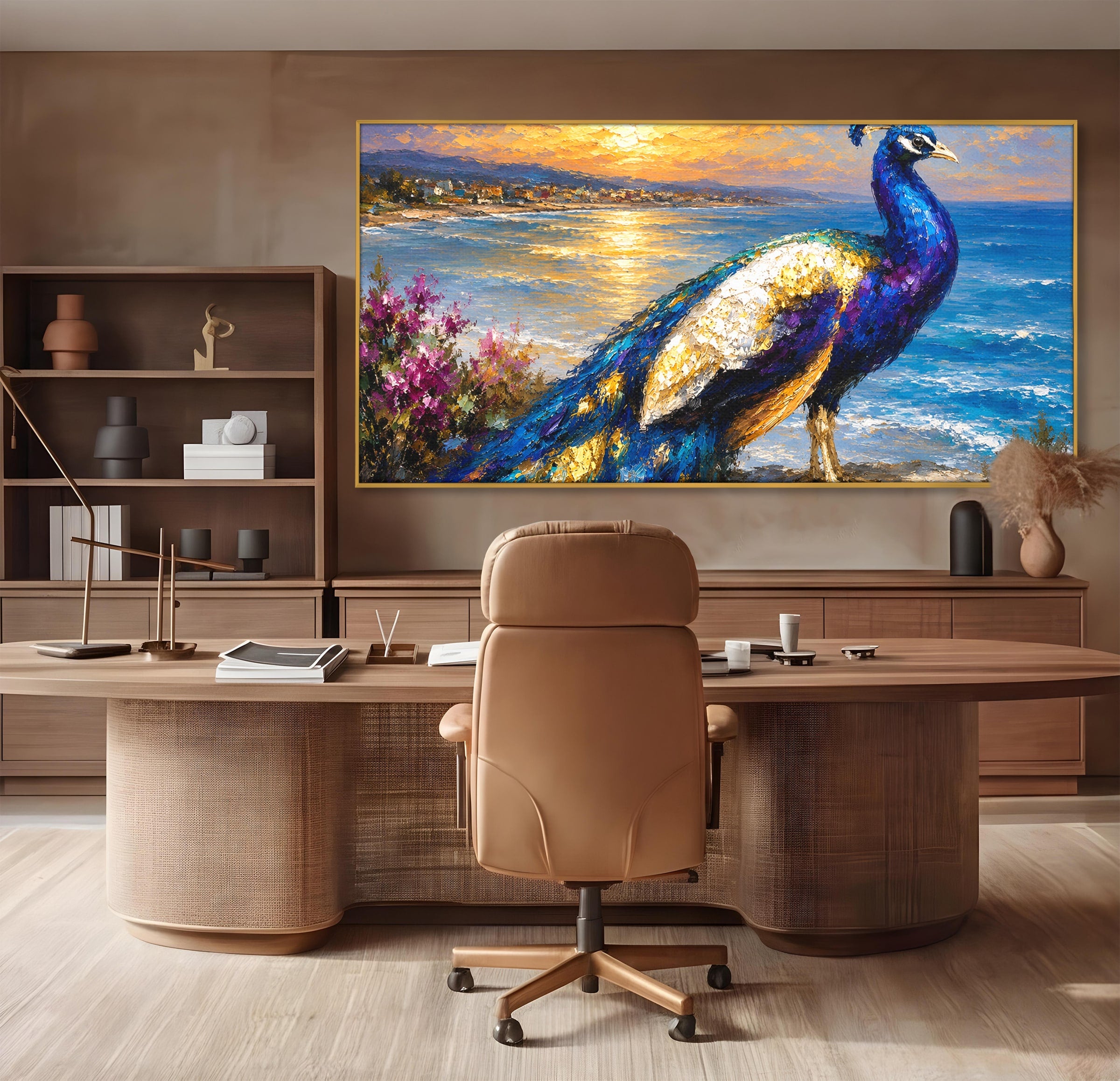 Tablou Canvas Premium LuxCanva® M1600, Paun La Apus, Paun, Apus, Mare, Natura, Living, Culori Vibrante