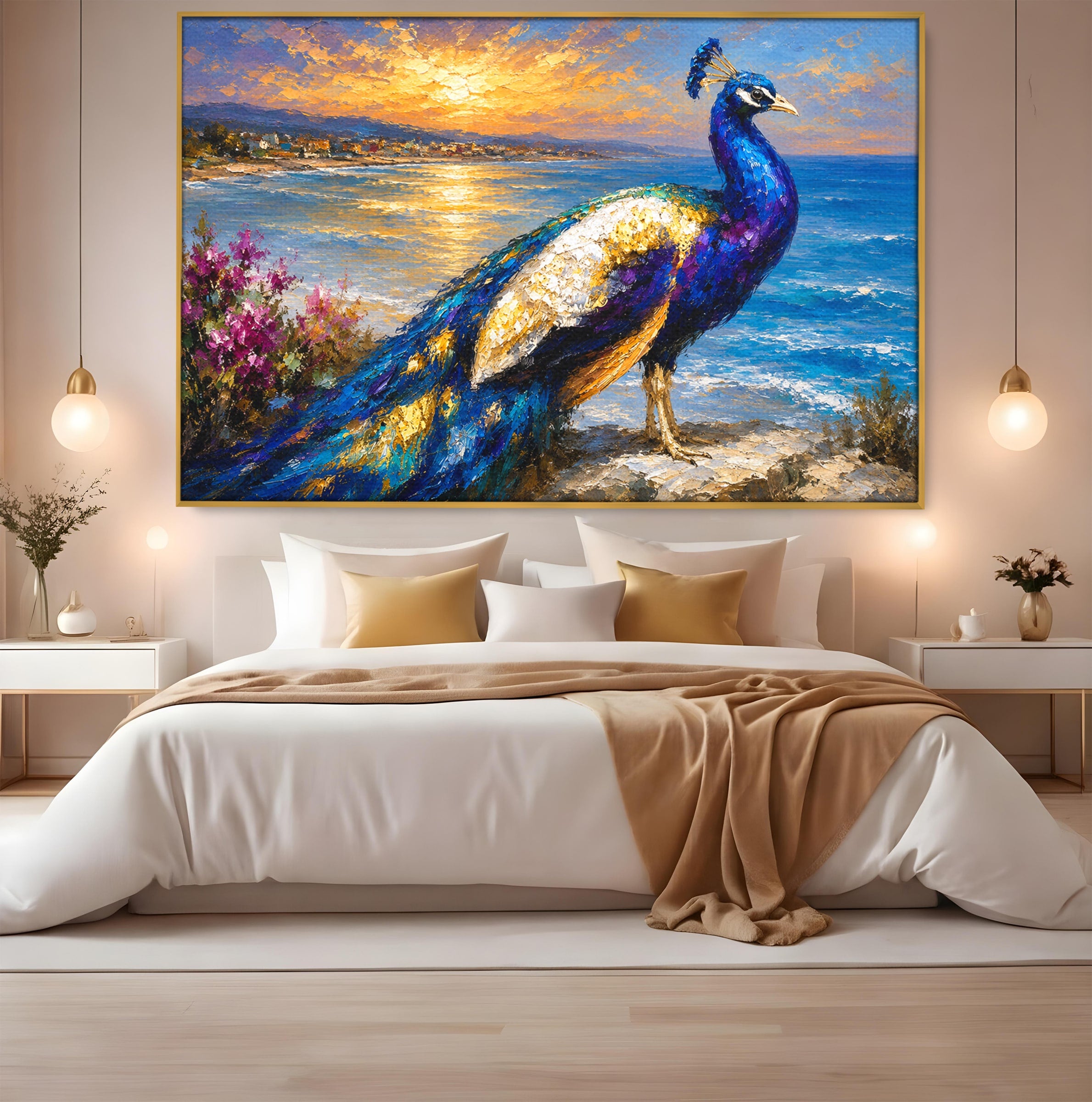 Tablou Canvas Premium LuxCanva® M1600, Paun La Apus, Paun, Apus, Mare, Natura, Living, Culori Vibrante