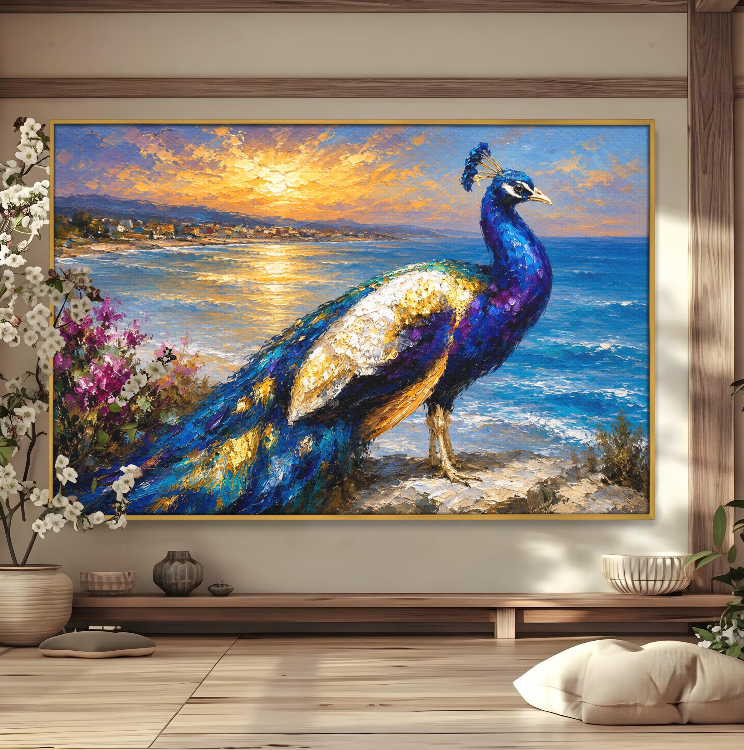 Tablou Canvas Premium LuxCanva® M1600, Paun La Apus, Paun, Apus, Mare, Natura, Living, Culori Vibrante