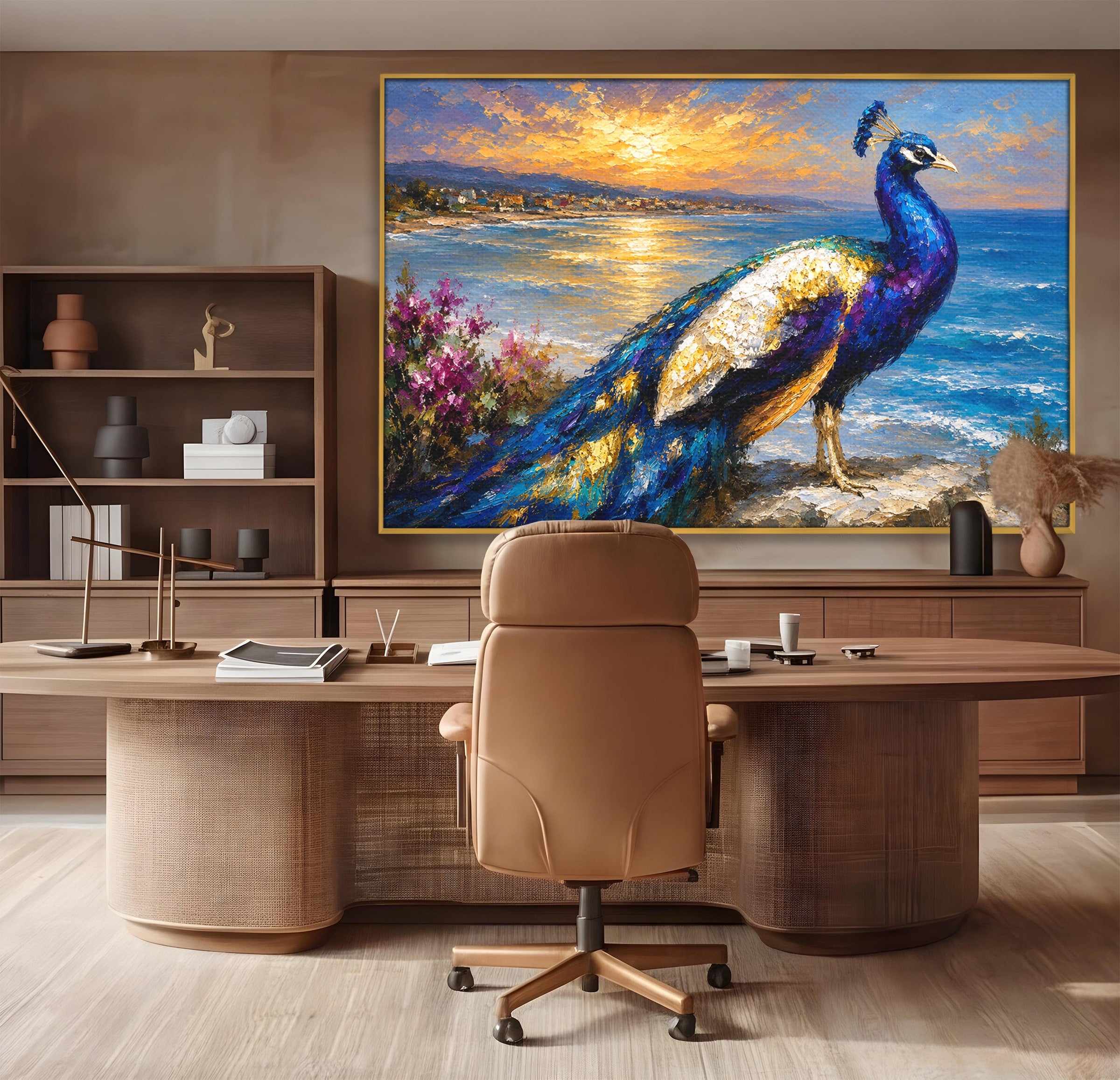 Tablou Canvas Premium LuxCanva® M1600, Paun La Apus, Paun, Apus, Mare, Natura, Living, Culori Vibrante