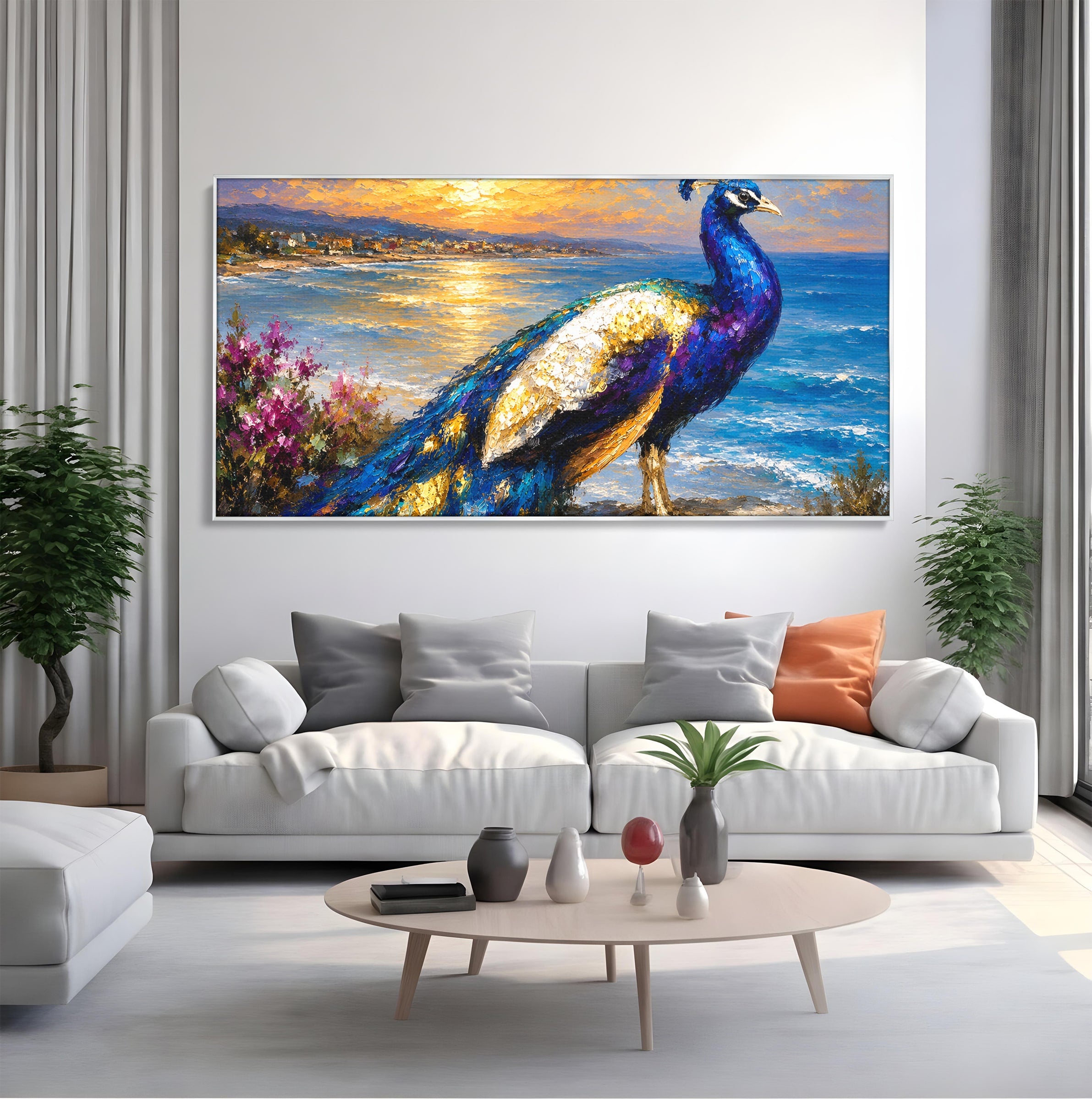 Tablou Canvas Premium LuxCanva® M1600, Paun La Apus, Paun, Apus, Mare, Natura, Living, Culori Vibrante