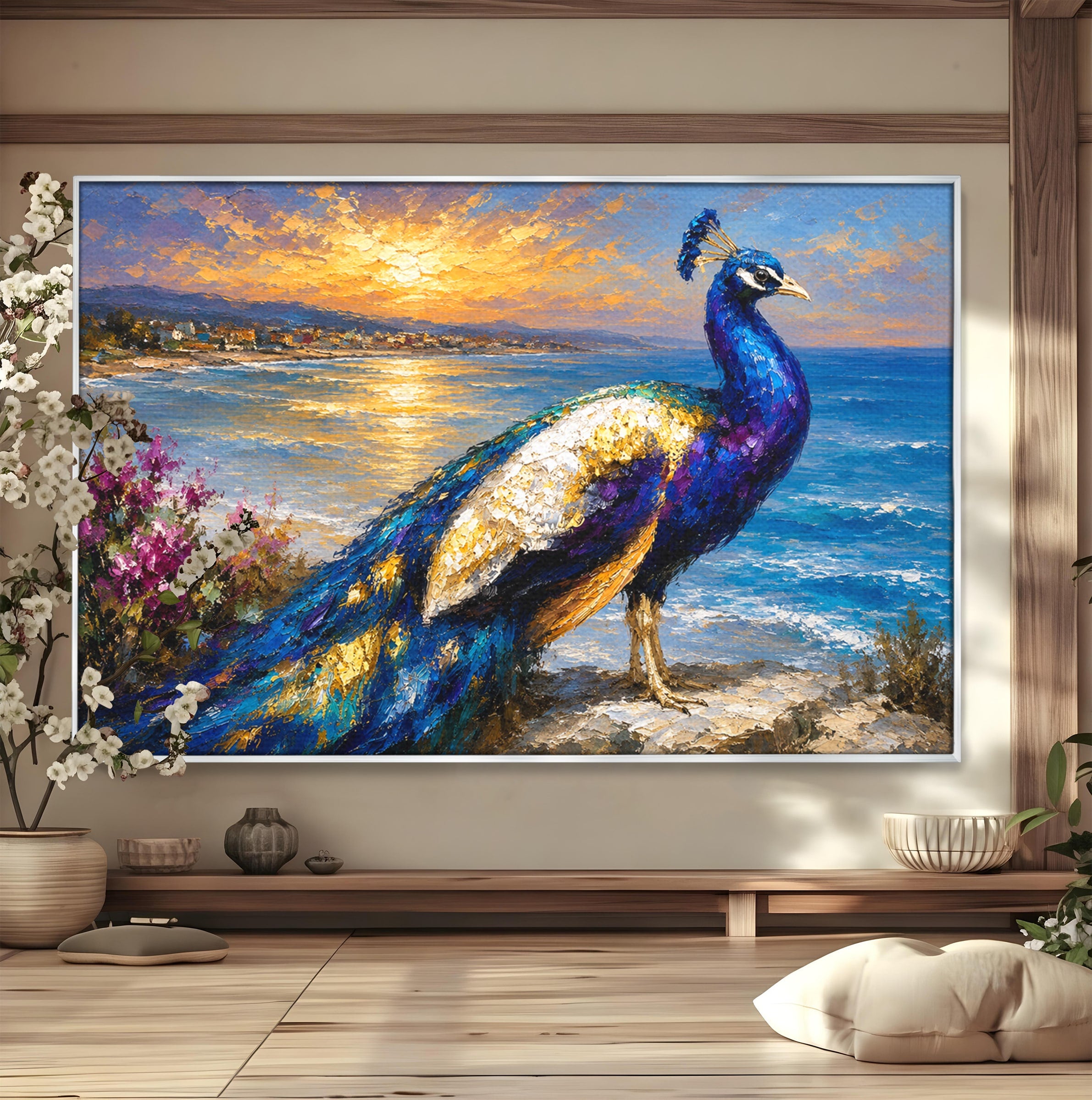 Tablou Canvas Premium LuxCanva® M1600, Paun La Apus, Paun, Apus, Mare, Natura, Living, Culori Vibrante