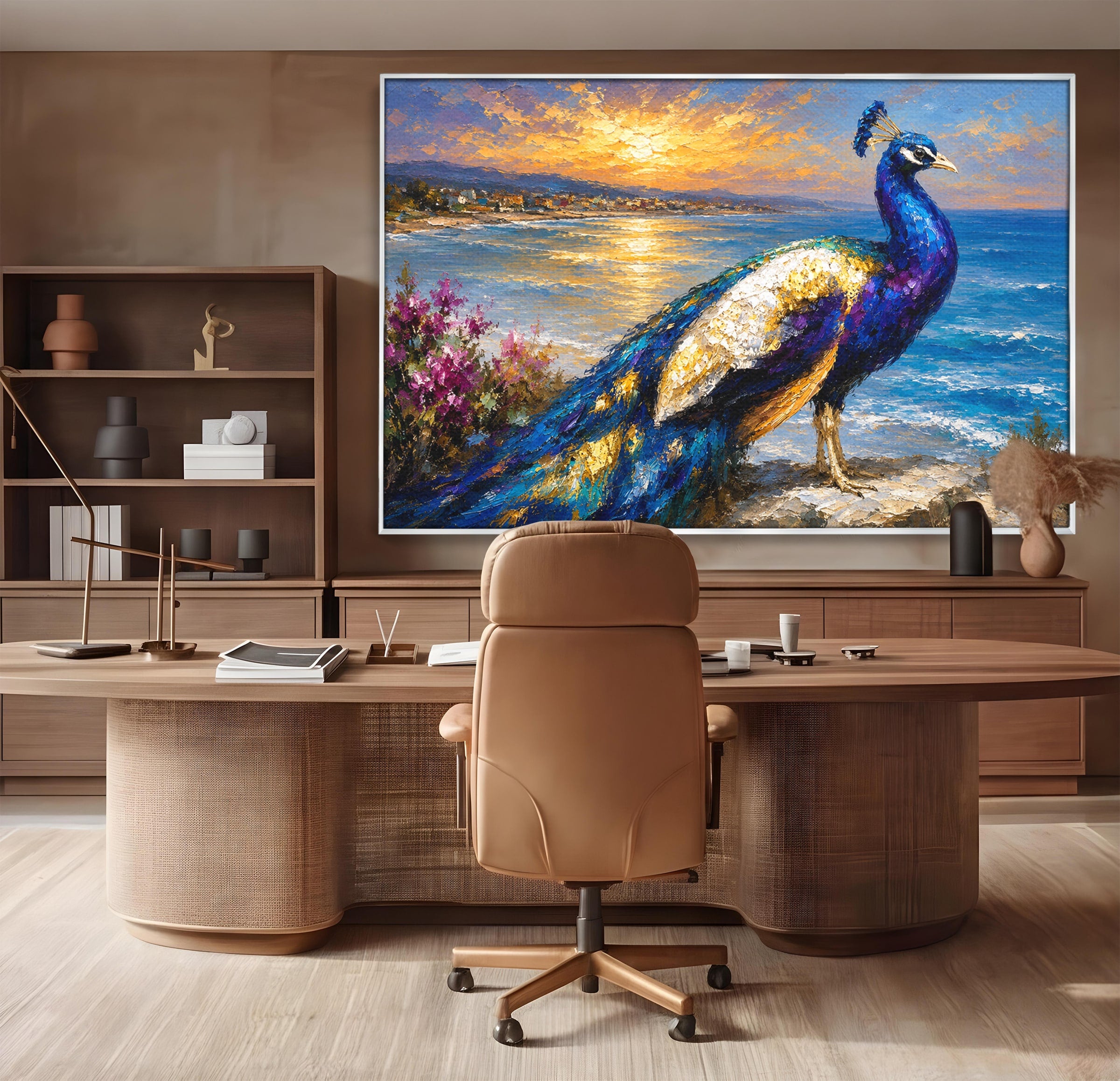 Tablou Canvas Premium LuxCanva® M1600, Paun La Apus, Paun, Apus, Mare, Natura, Living, Culori Vibrante