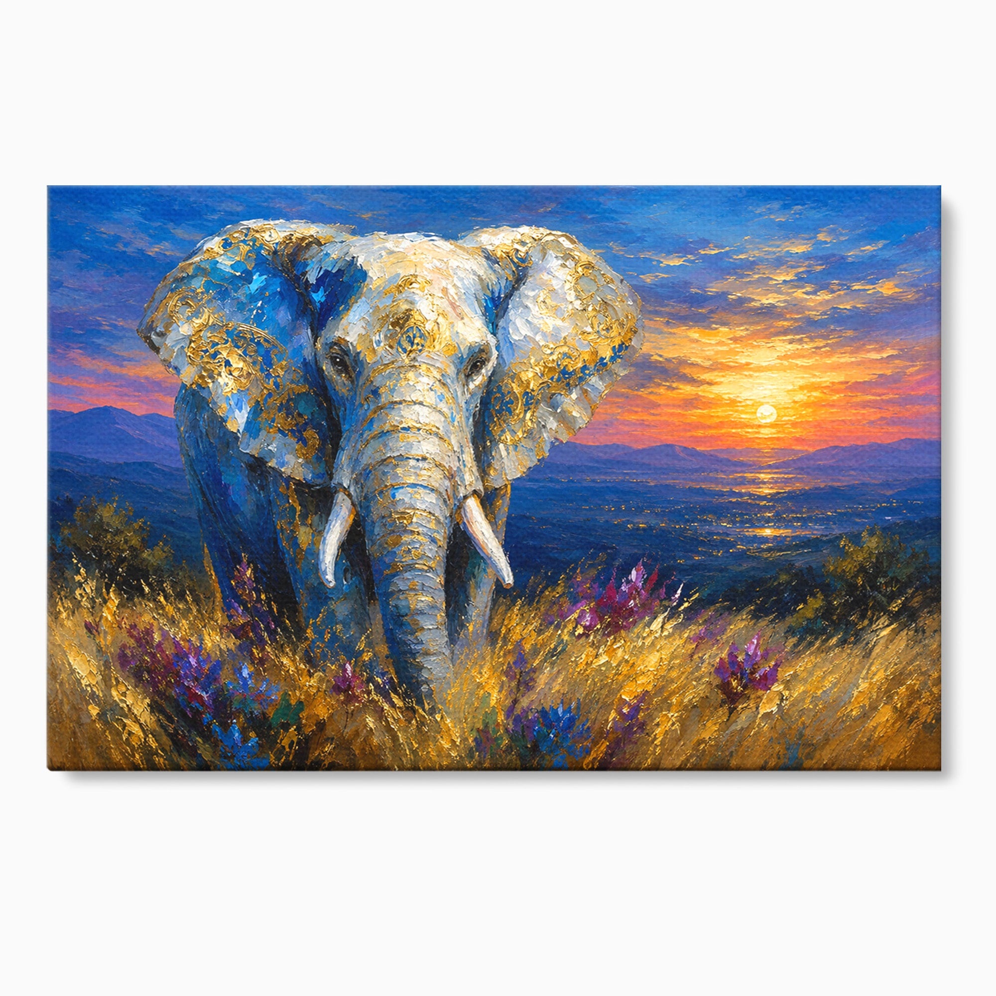 Tablou Canvas Premium LuxCanva® M1601, Elefantul La Apus, Elefant, Apus, Natura, Living, Peisaj, Culori Vibrante