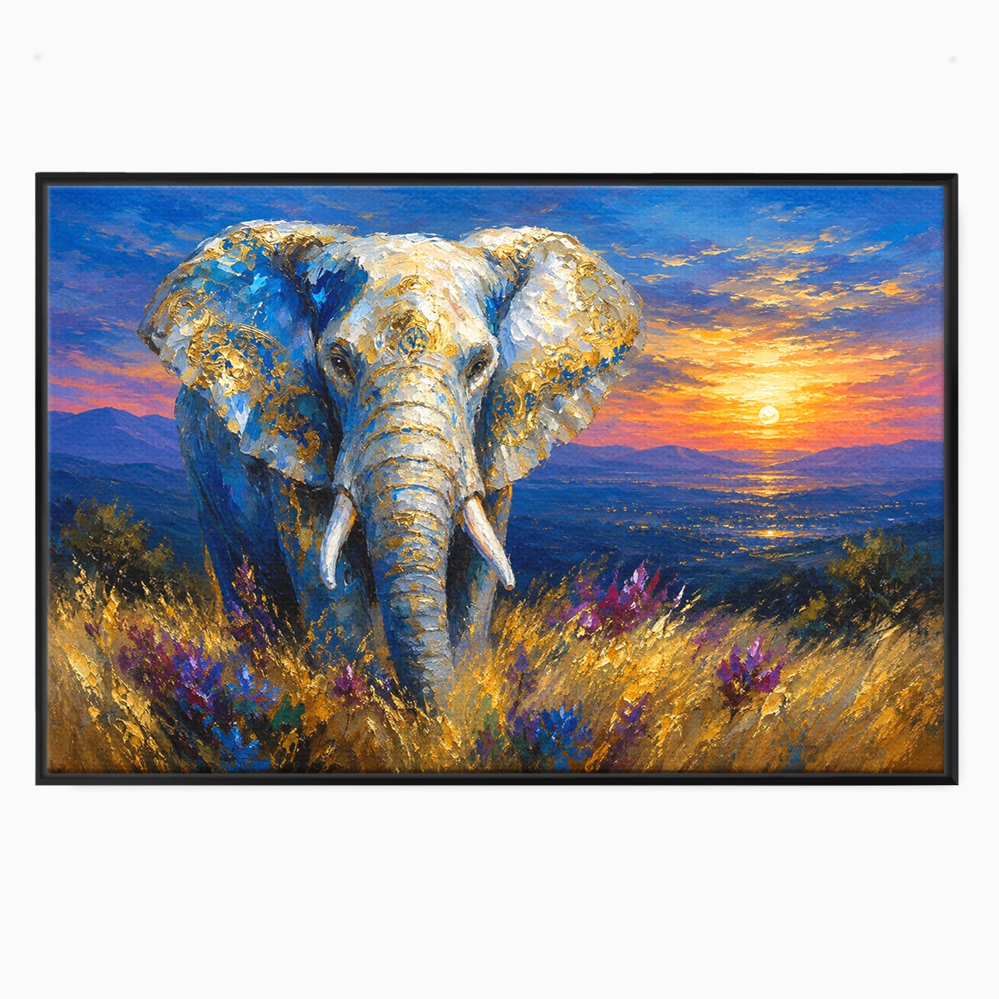 Tablou Canvas Premium LuxCanva® M1601, Elefantul La Apus, Elefant, Apus, Natura, Living, Peisaj, Culori Vibrante