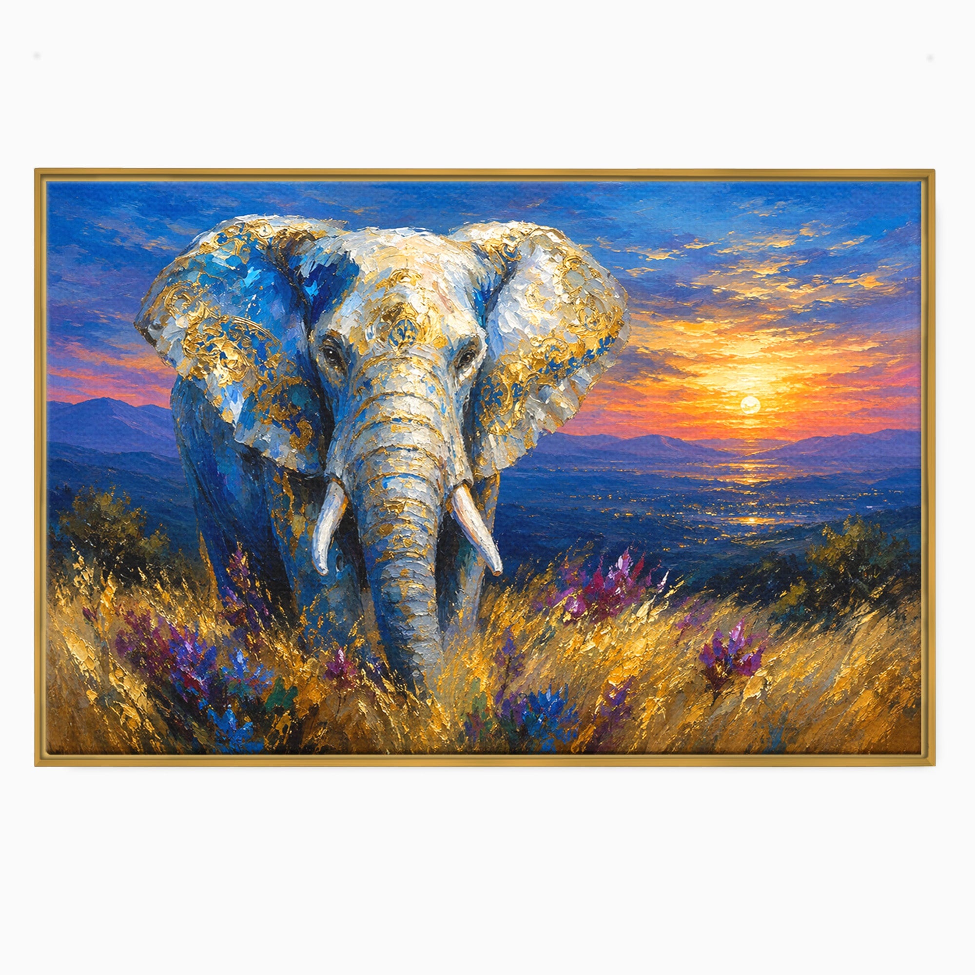 Tablou Canvas Premium LuxCanva® M1601, Elefantul La Apus, Elefant, Apus, Natura, Living, Peisaj, Culori Vibrante