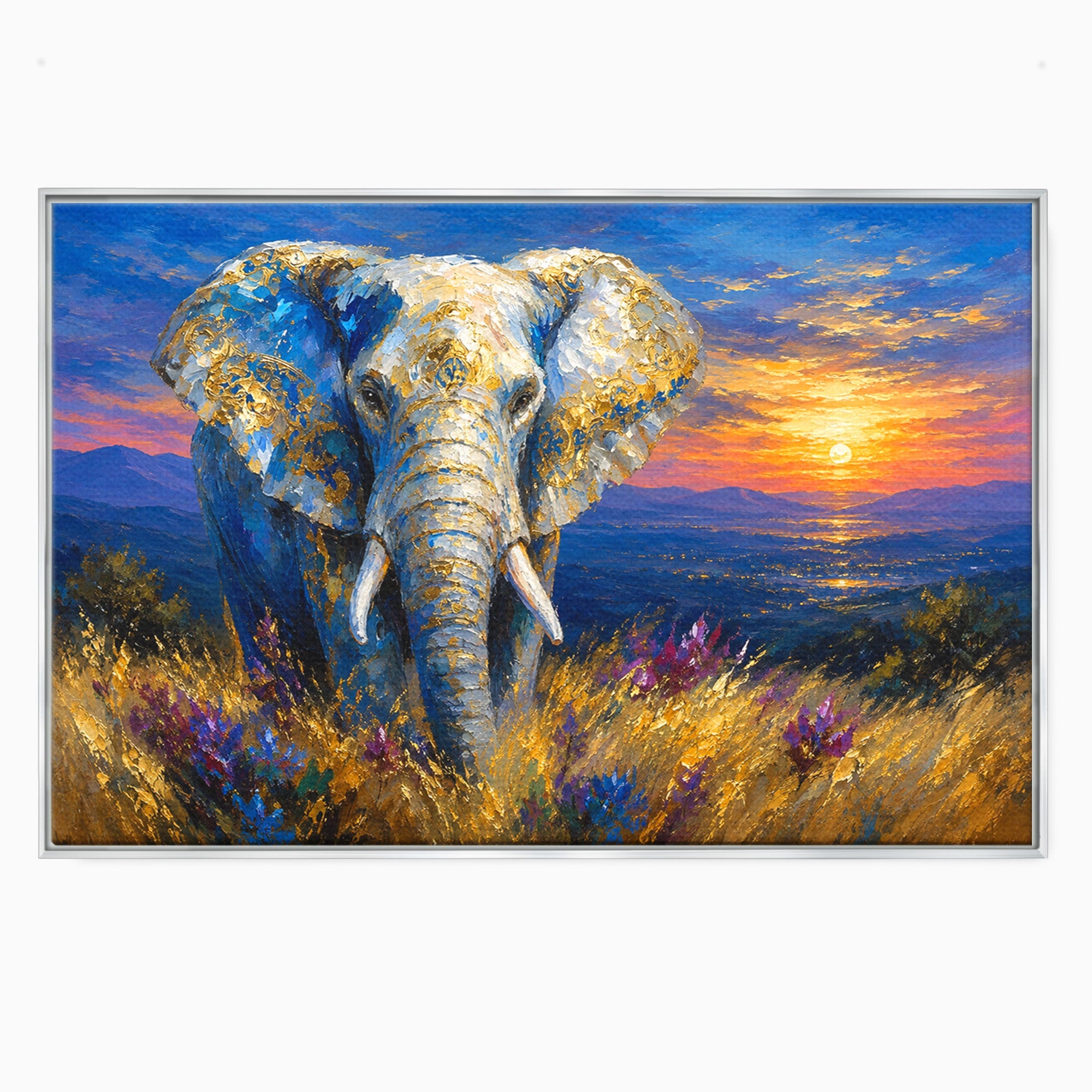 Tablou Canvas Premium LuxCanva® M1601, Elefantul La Apus, Elefant, Apus, Natura, Living, Peisaj, Culori Vibrante