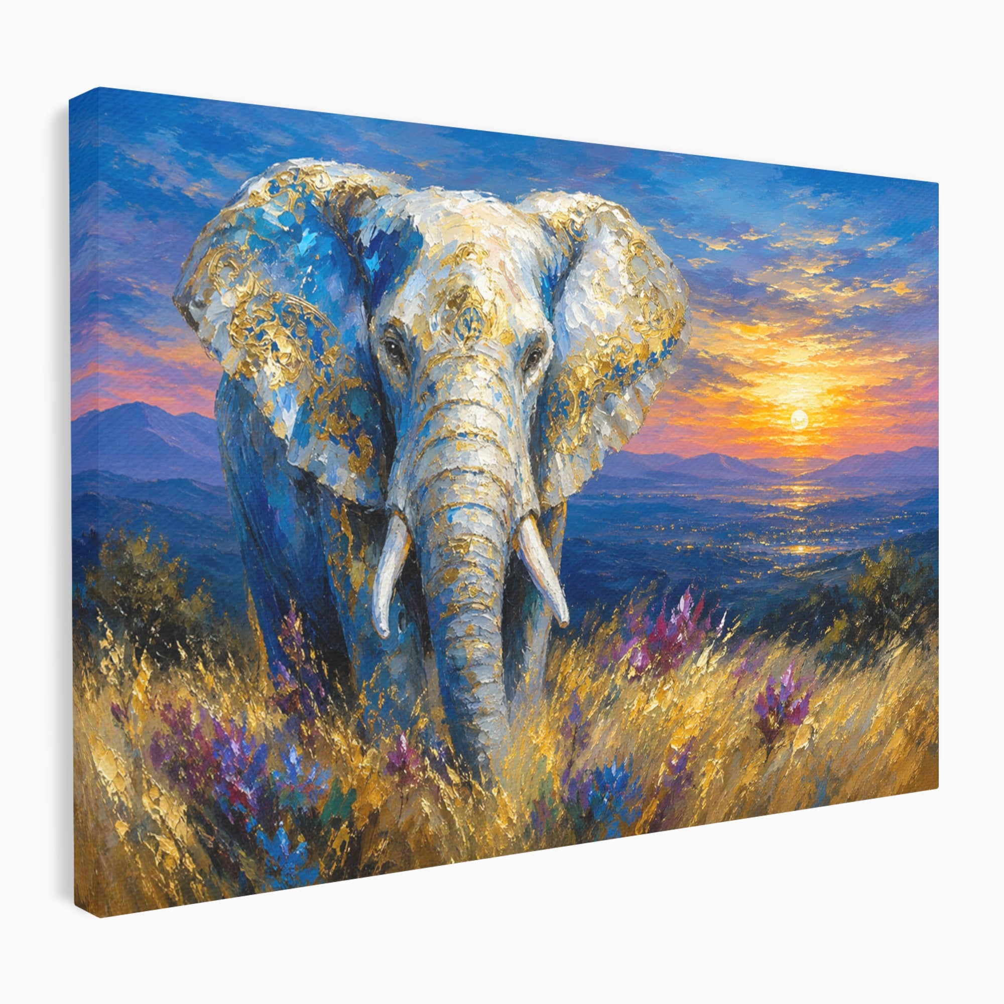 Tablou Canvas Premium LuxCanva® M1601, Elefantul La Apus, Elefant, Apus, Natura, Living, Peisaj, Culori Vibrante