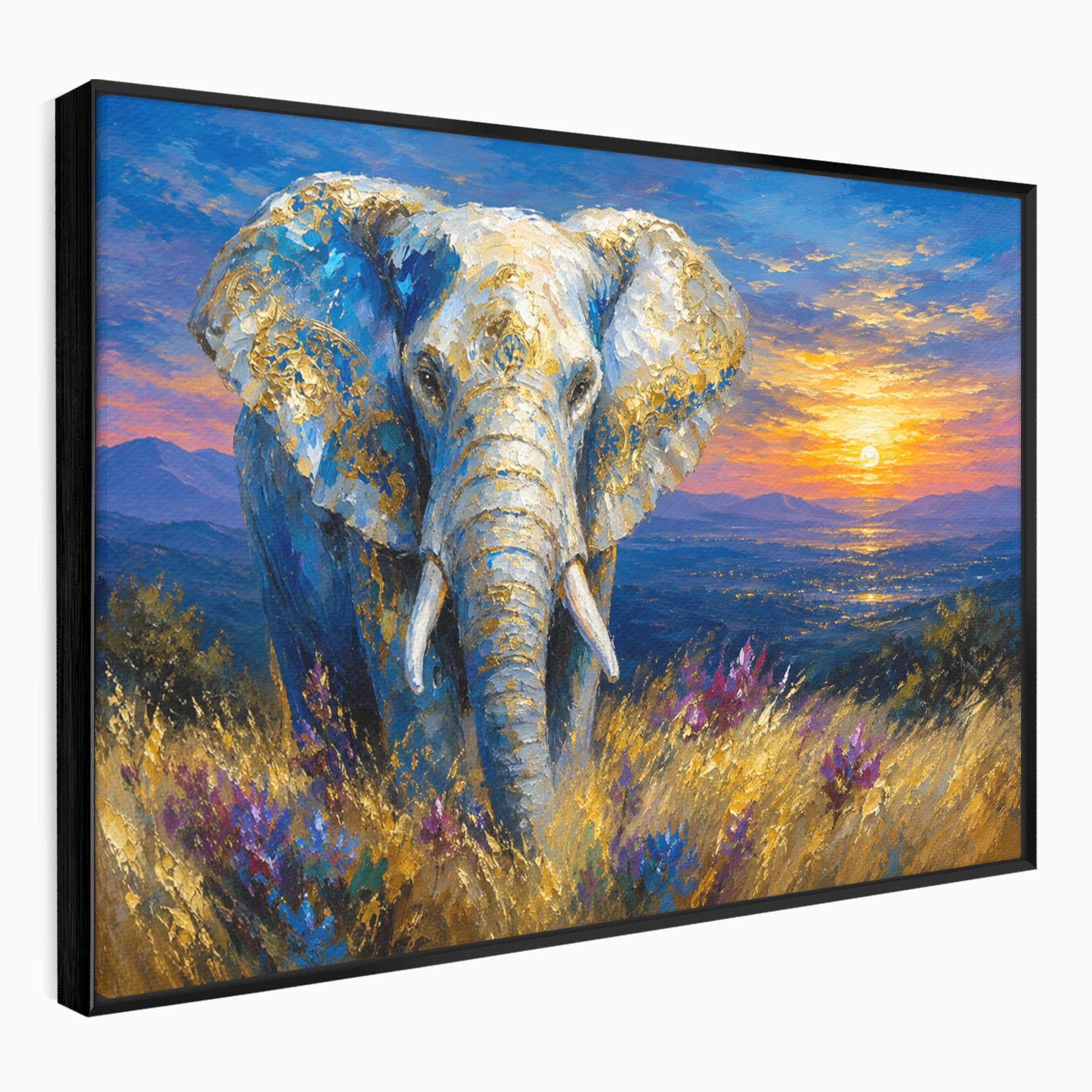 Tablou Canvas Premium LuxCanva® M1601, Elefantul La Apus, Elefant, Apus, Natura, Living, Peisaj, Culori Vibrante