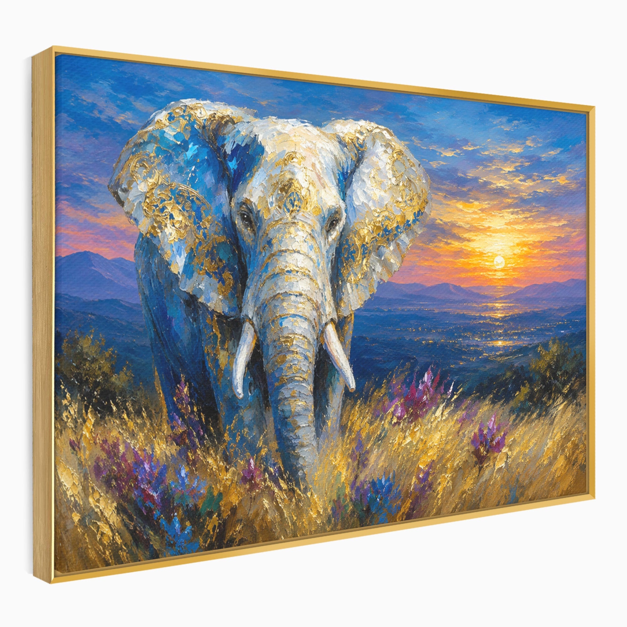 Tablou Canvas Premium LuxCanva® M1601, Elefantul La Apus, Elefant, Apus, Natura, Living, Peisaj, Culori Vibrante