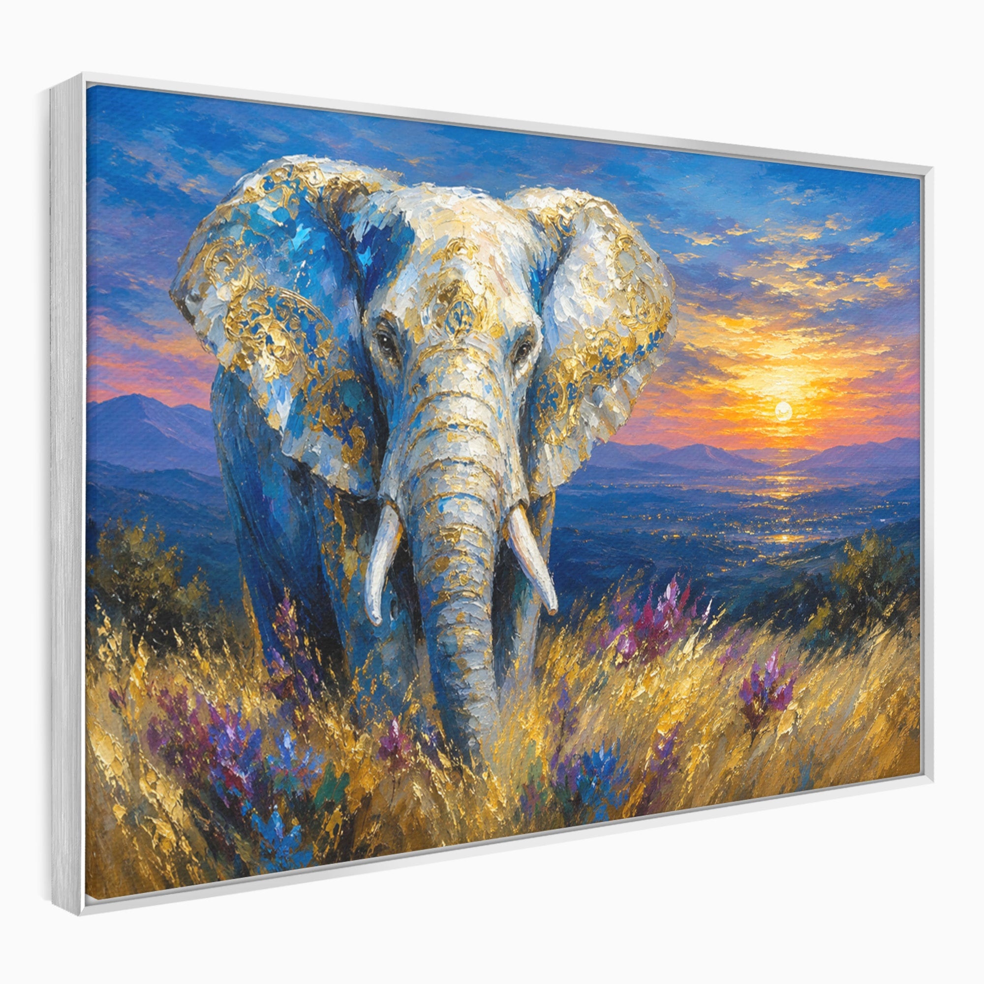Tablou Canvas Premium LuxCanva® M1601, Elefantul La Apus, Elefant, Apus, Natura, Living, Peisaj, Culori Vibrante