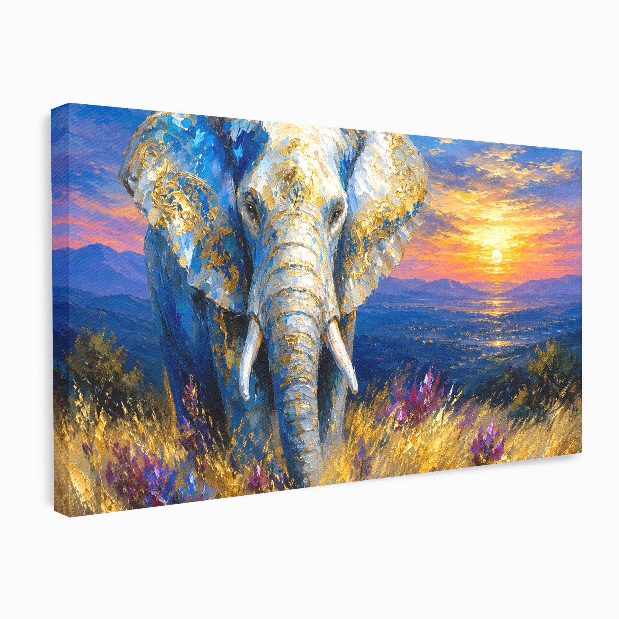 Tablou Canvas Premium LuxCanva® M1601, Elefantul La Apus, Elefant, Apus, Natura, Living, Peisaj, Culori Vibrante
