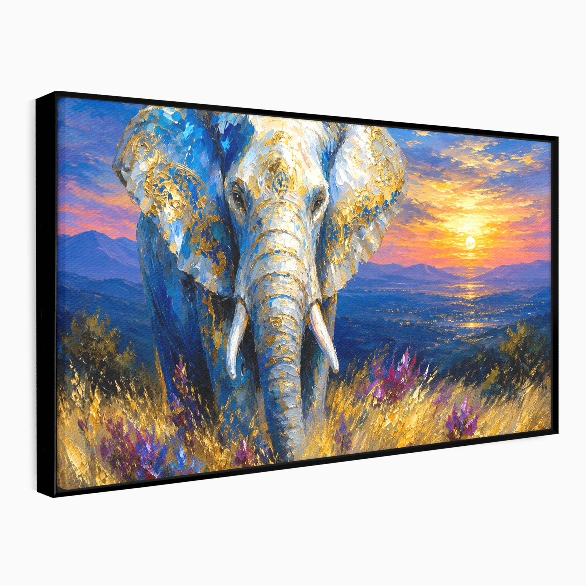 Tablou Canvas Premium LuxCanva® M1601, Elefantul La Apus, Elefant, Apus, Natura, Living, Peisaj, Culori Vibrante