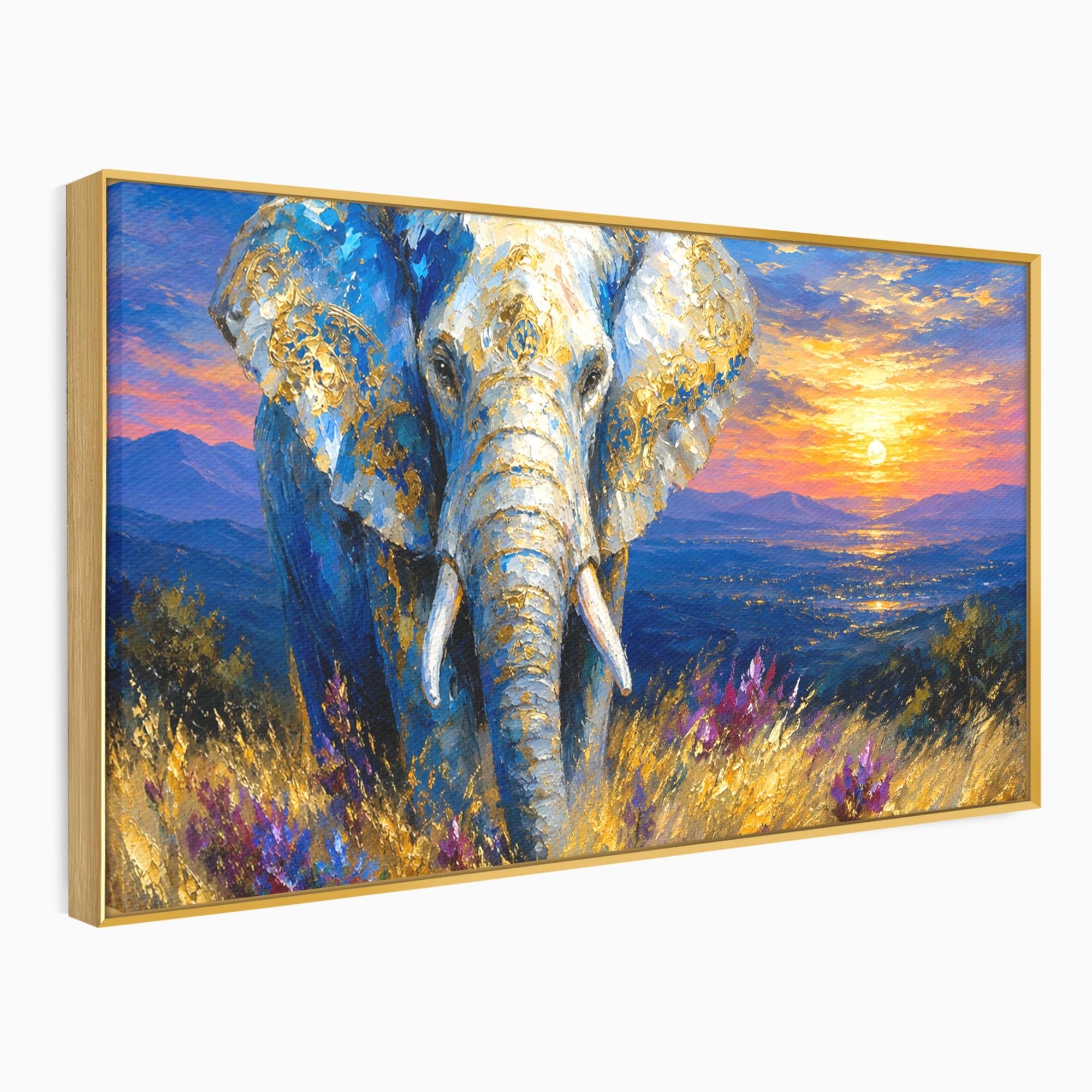 Tablou Canvas Premium LuxCanva® M1601, Elefantul La Apus, Elefant, Apus, Natura, Living, Peisaj, Culori Vibrante