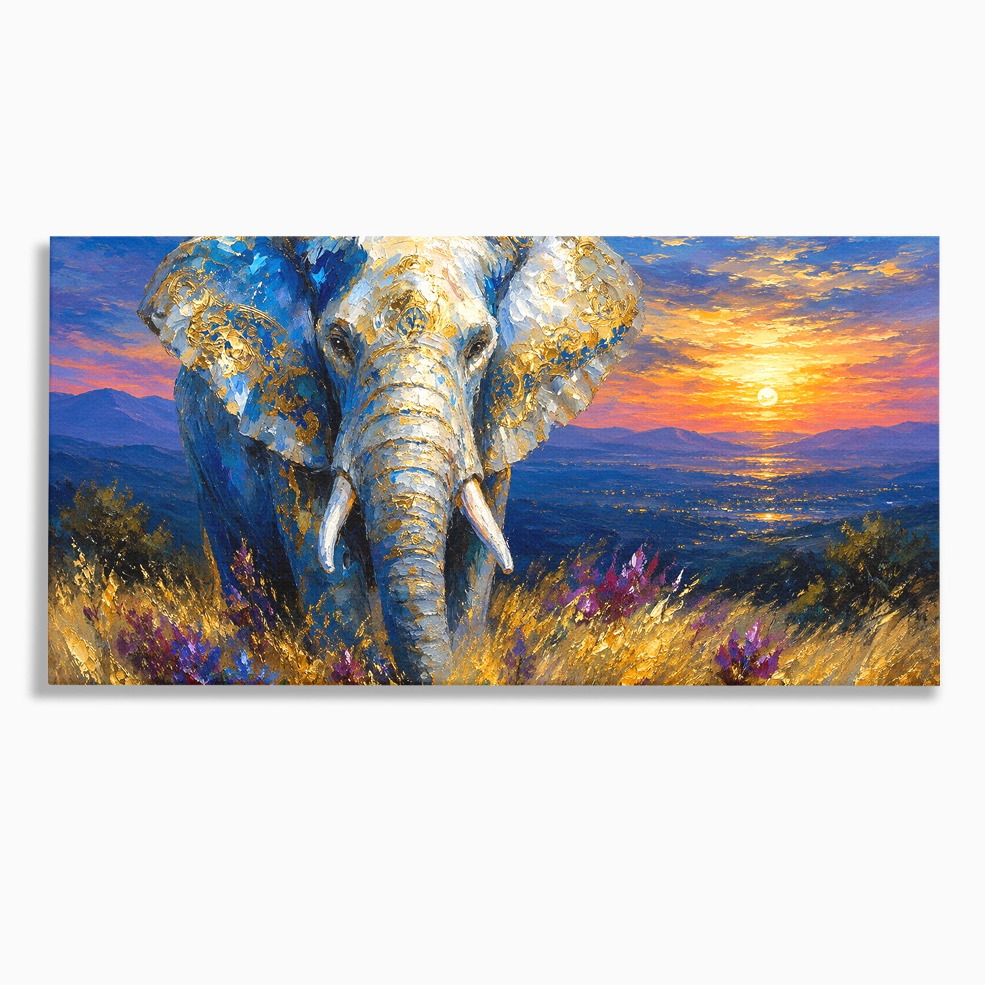 Tablou Canvas Premium LuxCanva® M1601, Elefantul La Apus, Elefant, Apus, Natura, Living, Peisaj, Culori Vibrante