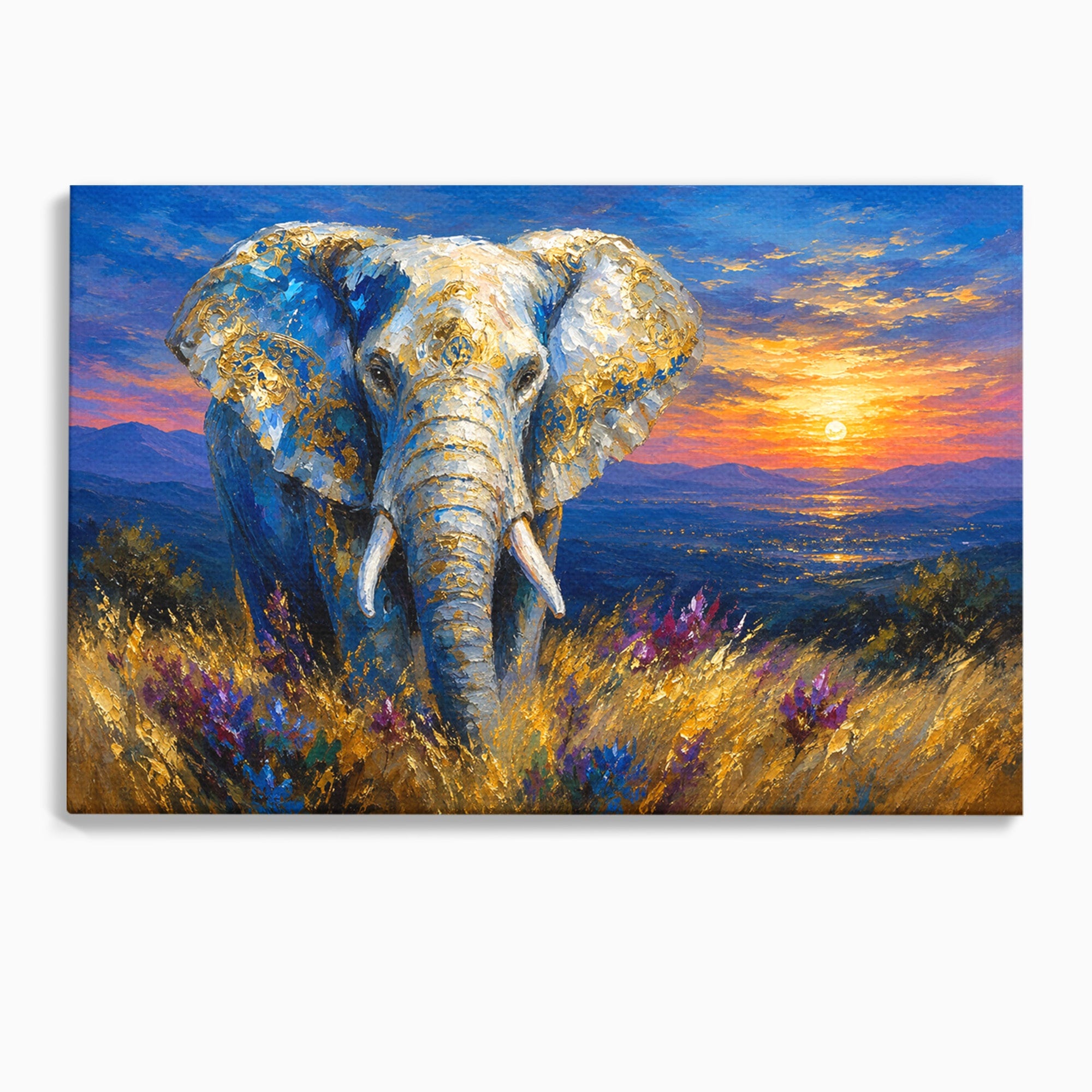 Tablou Canvas Premium LuxCanva® M1601, Elefantul La Apus, Elefant, Apus, Natura, Living, Peisaj, Culori Vibrante
