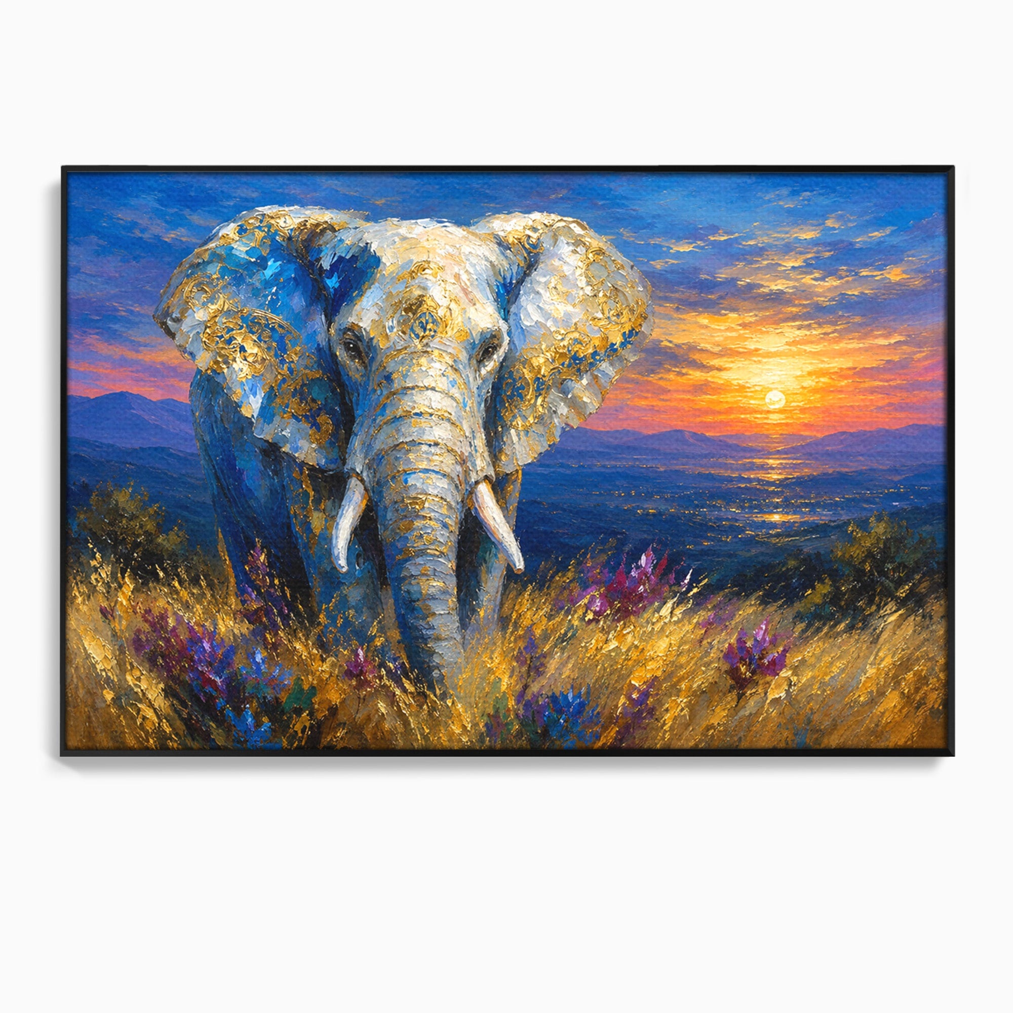 Tablou Canvas Premium LuxCanva® M1601, Elefantul La Apus, Elefant, Apus, Natura, Living, Peisaj, Culori Vibrante