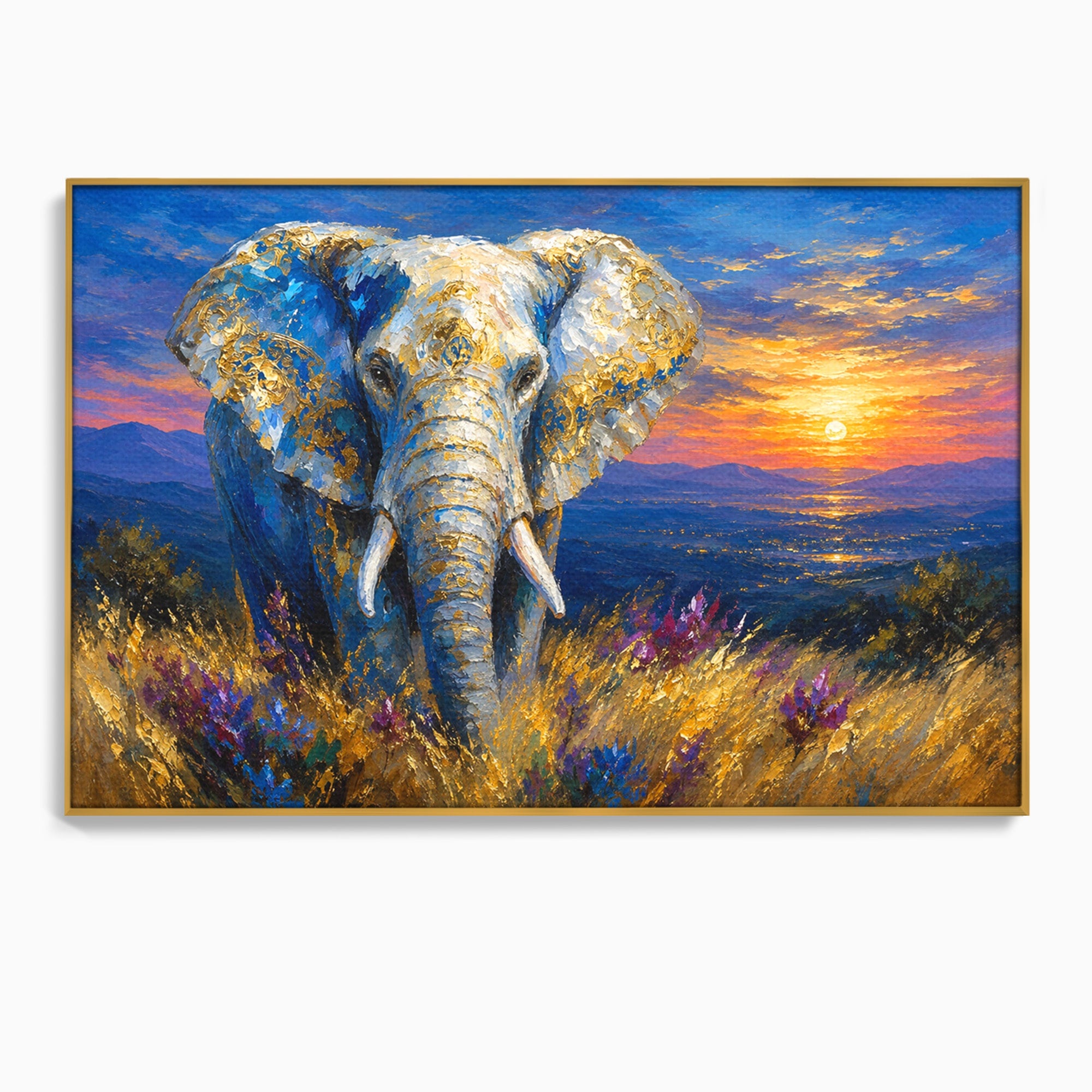 Tablou Canvas Premium LuxCanva® M1601, Elefantul La Apus, Elefant, Apus, Natura, Living, Peisaj, Culori Vibrante