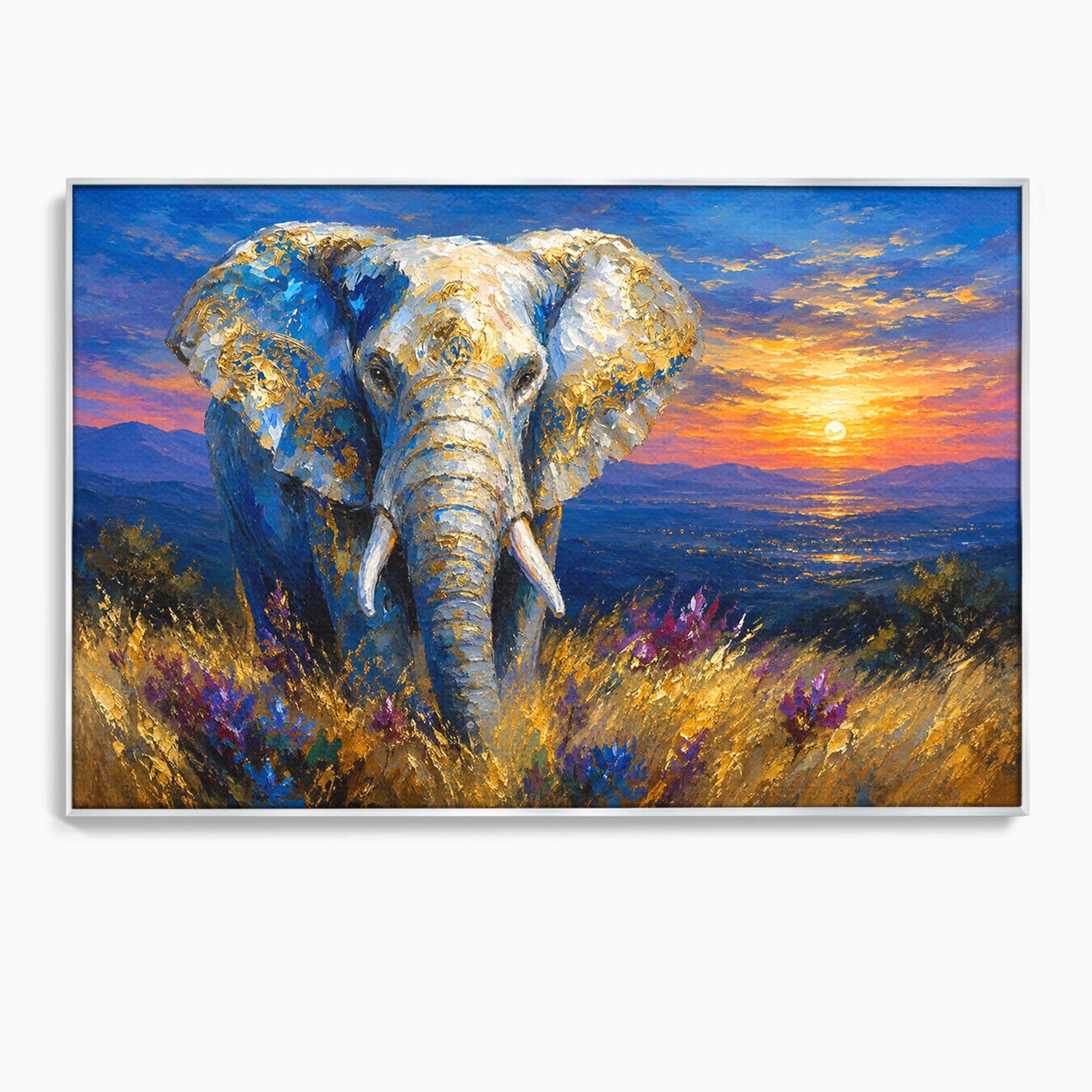Tablou Canvas Premium LuxCanva® M1601, Elefantul La Apus, Elefant, Apus, Natura, Living, Peisaj, Culori Vibrante