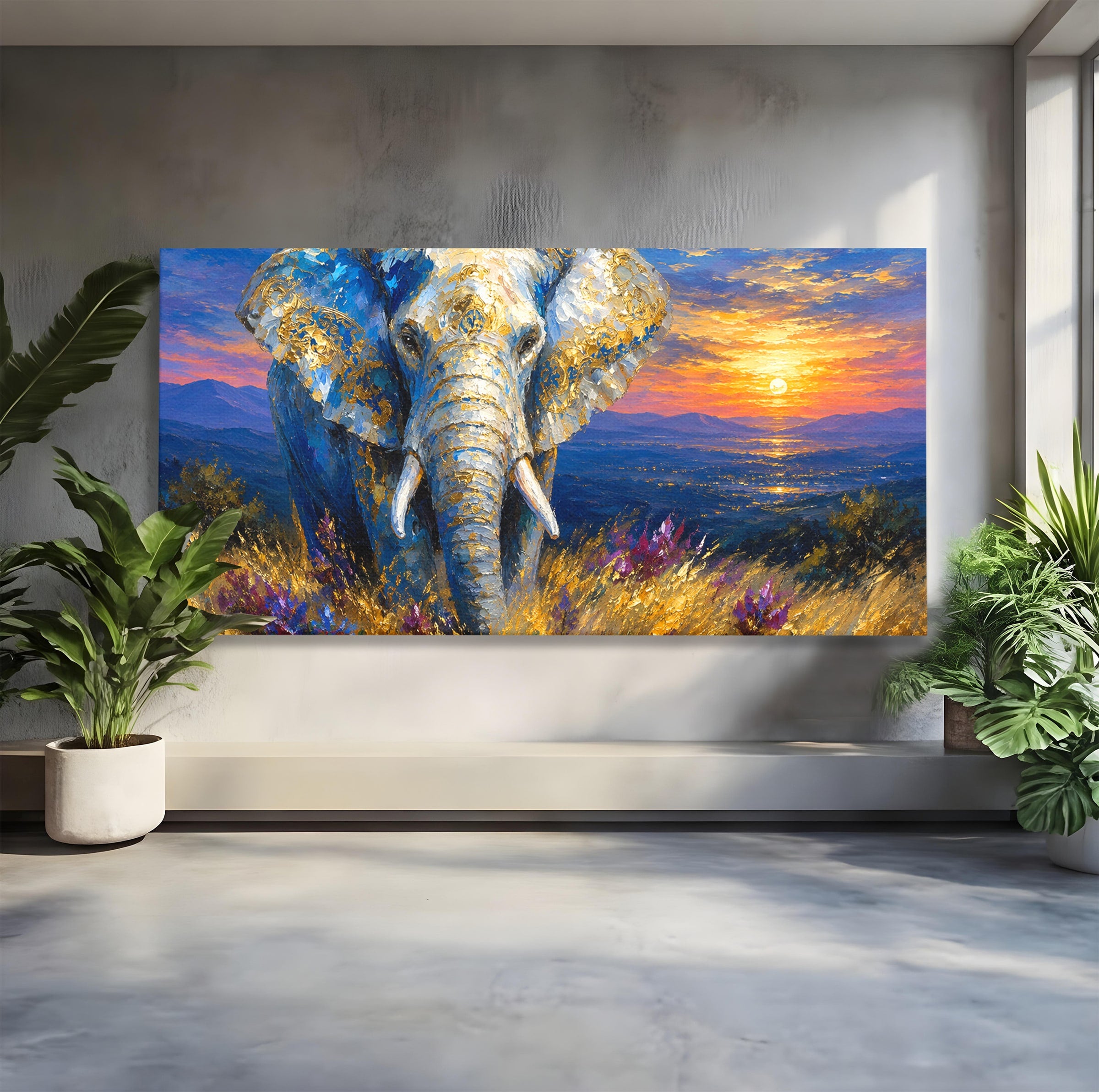 Tablou Canvas Premium LuxCanva® M1601, Elefantul La Apus, Elefant, Apus, Natura, Living, Peisaj, Culori Vibrante