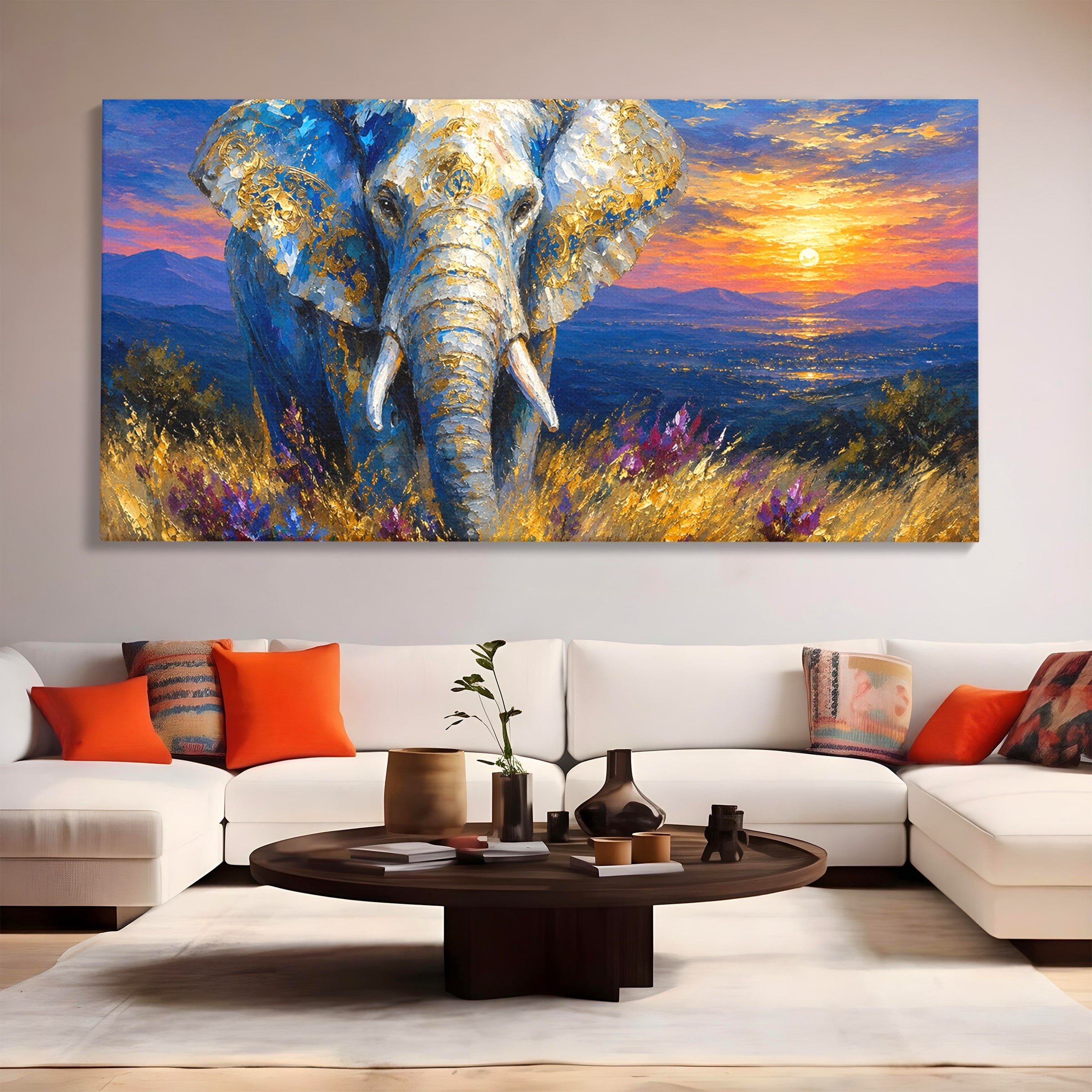 Tablou Canvas Premium LuxCanva® M1601, Elefantul La Apus, Elefant, Apus, Natura, Living, Peisaj, Culori Vibrante