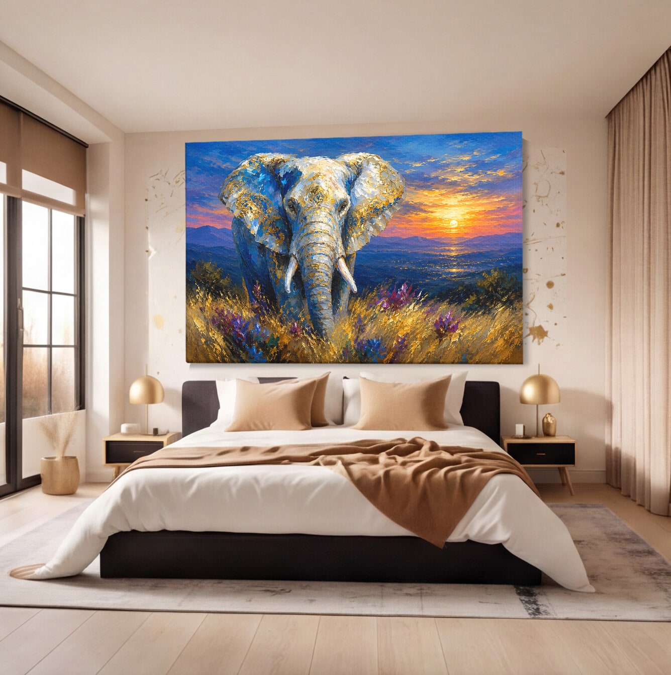 Tablou Canvas Premium LuxCanva® M1601, Elefantul La Apus, Elefant, Apus, Natura, Living, Peisaj, Culori Vibrante