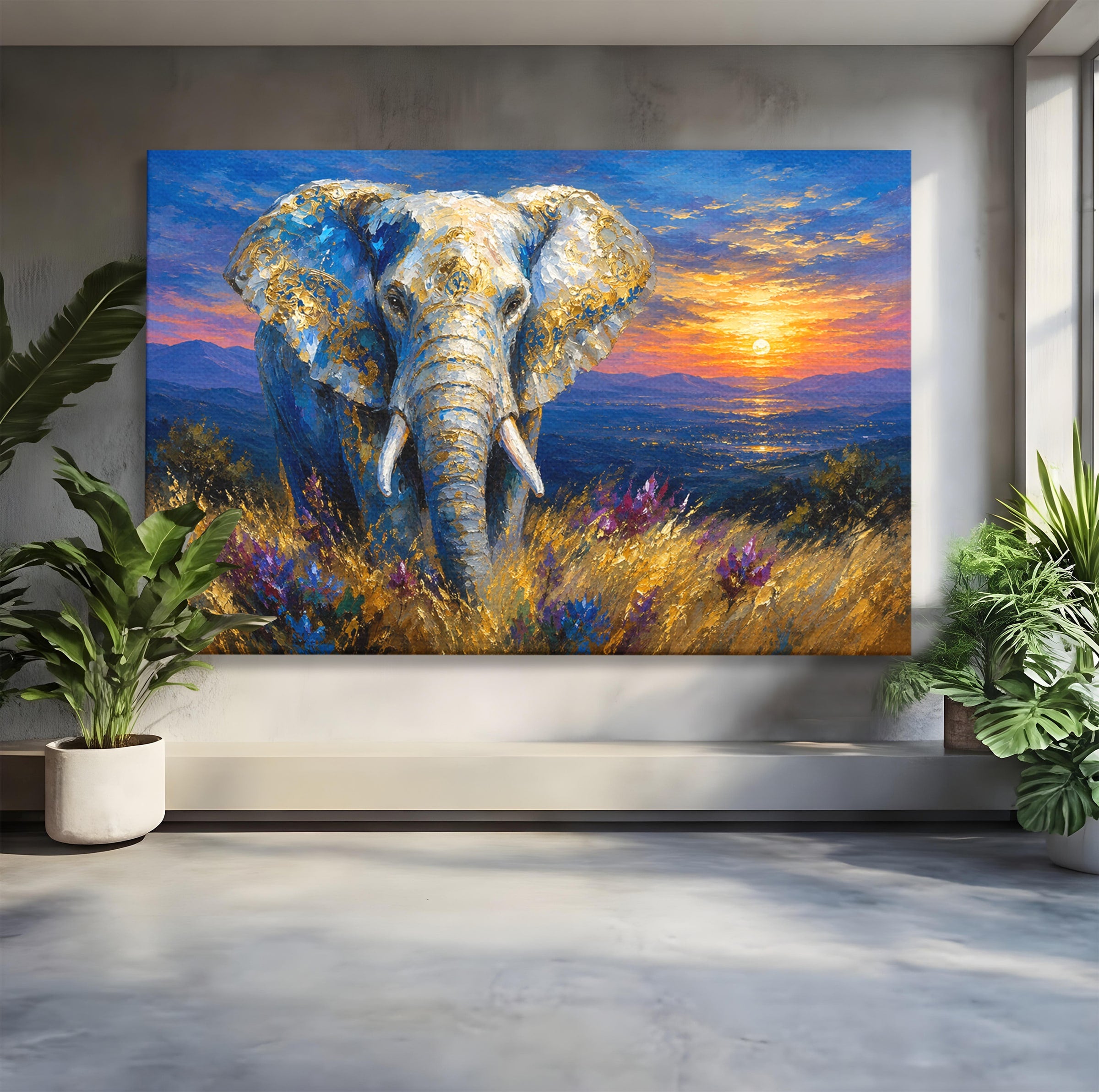 Tablou Canvas Premium LuxCanva® M1601, Elefantul La Apus, Elefant, Apus, Natura, Living, Peisaj, Culori Vibrante