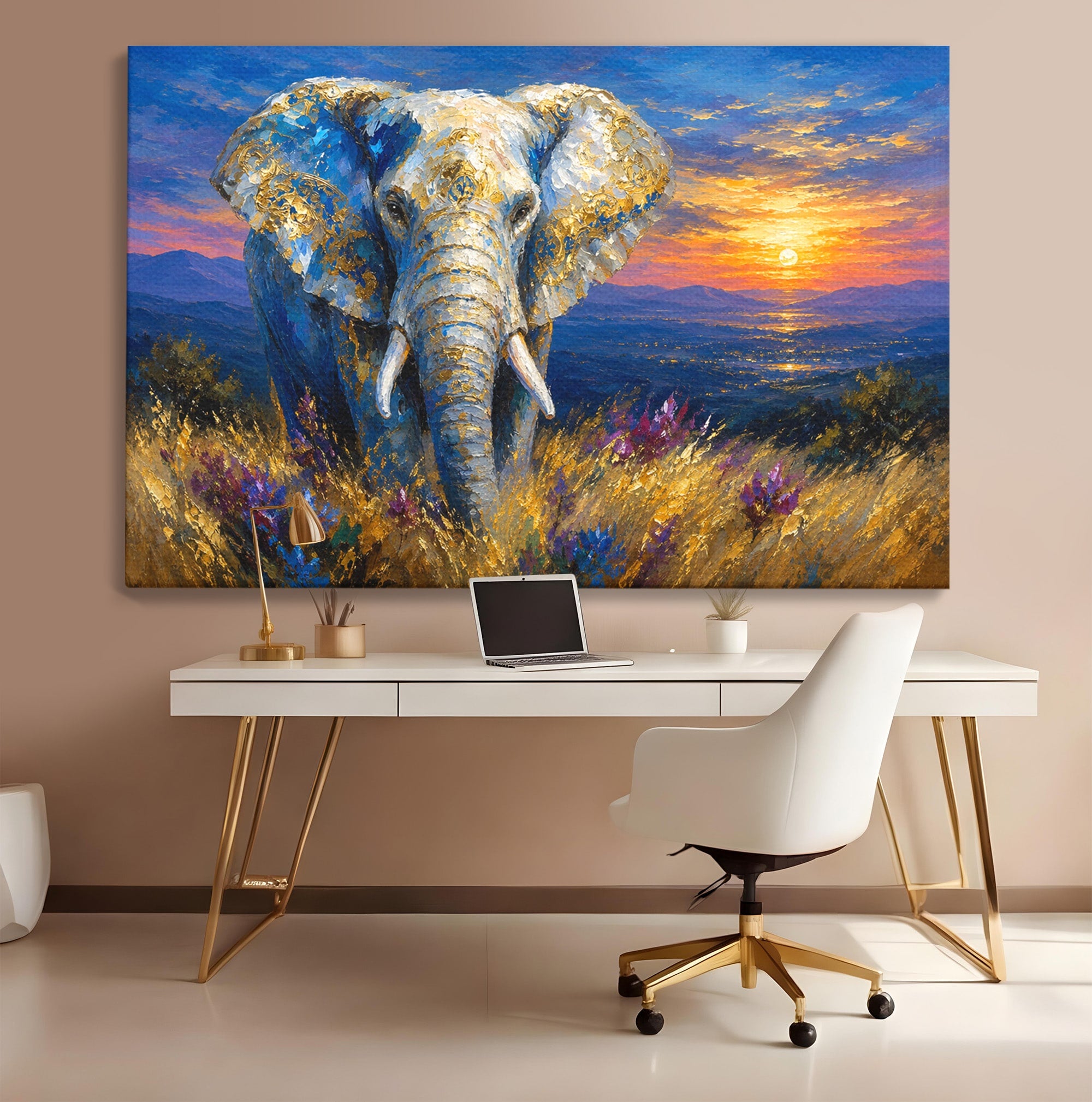Tablou Canvas Premium LuxCanva® M1601, Elefantul La Apus, Elefant, Apus, Natura, Living, Peisaj, Culori Vibrante