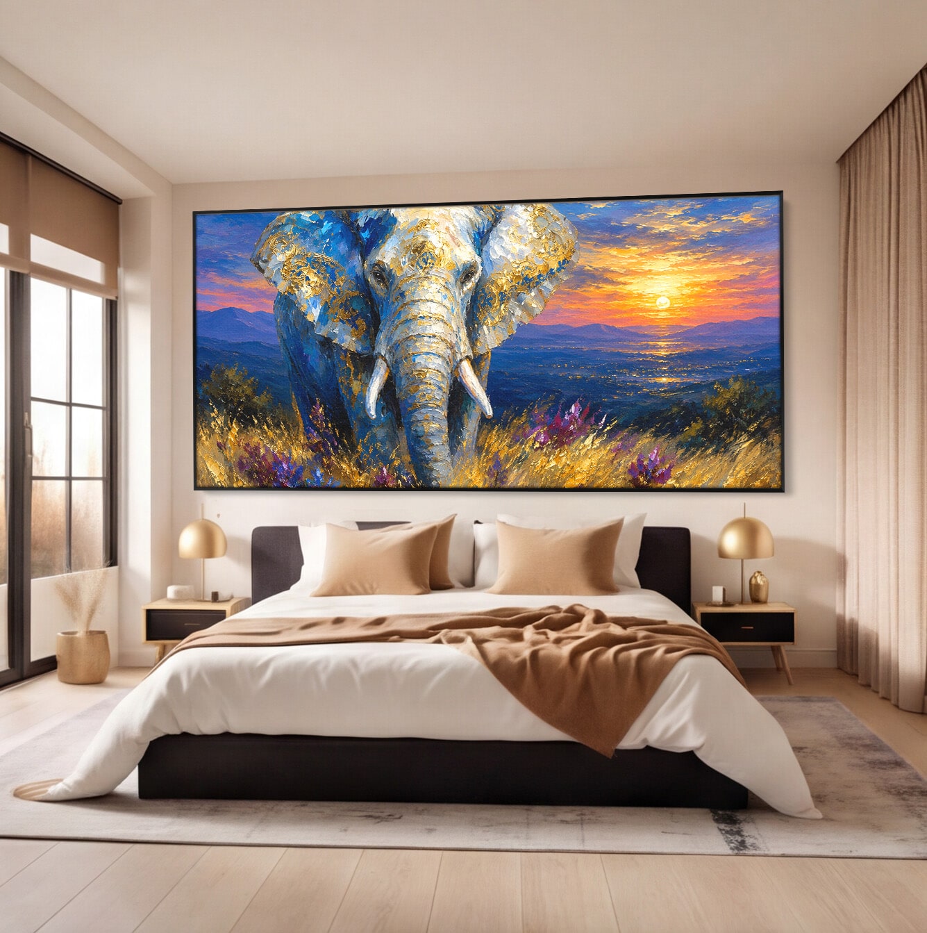 Tablou Canvas Premium LuxCanva® M1601, Elefantul La Apus, Elefant, Apus, Natura, Living, Peisaj, Culori Vibrante