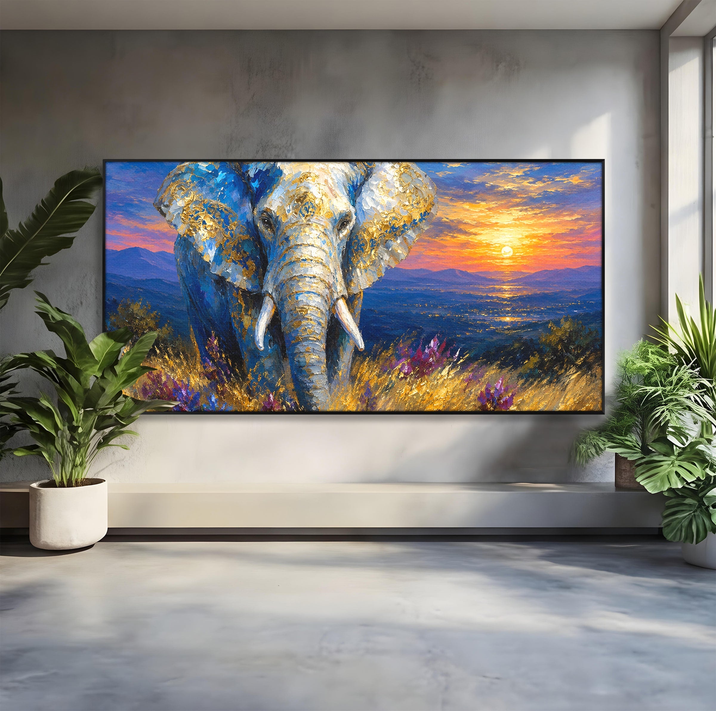 Tablou Canvas Premium LuxCanva® M1601, Elefantul La Apus, Elefant, Apus, Natura, Living, Peisaj, Culori Vibrante